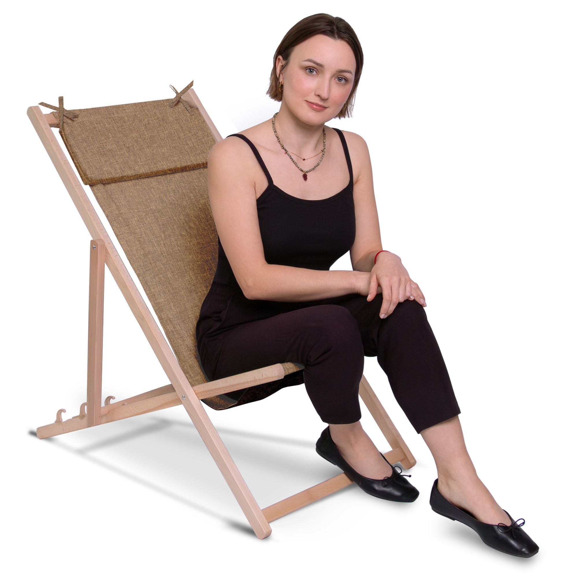 Holzliegestuhl mit Kissen Leinen-Imitat Cinnamon-M