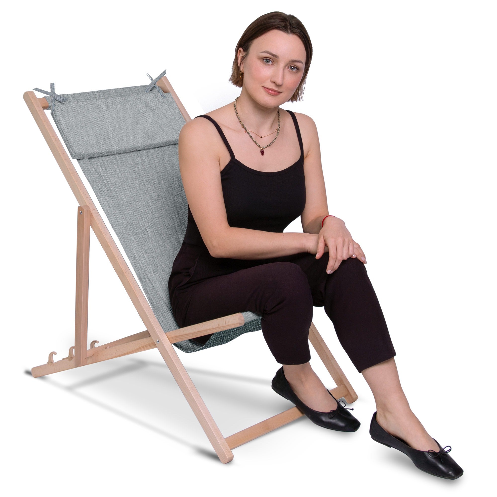Leżak drewniany z poduszką Imitacja lnu Light Grey