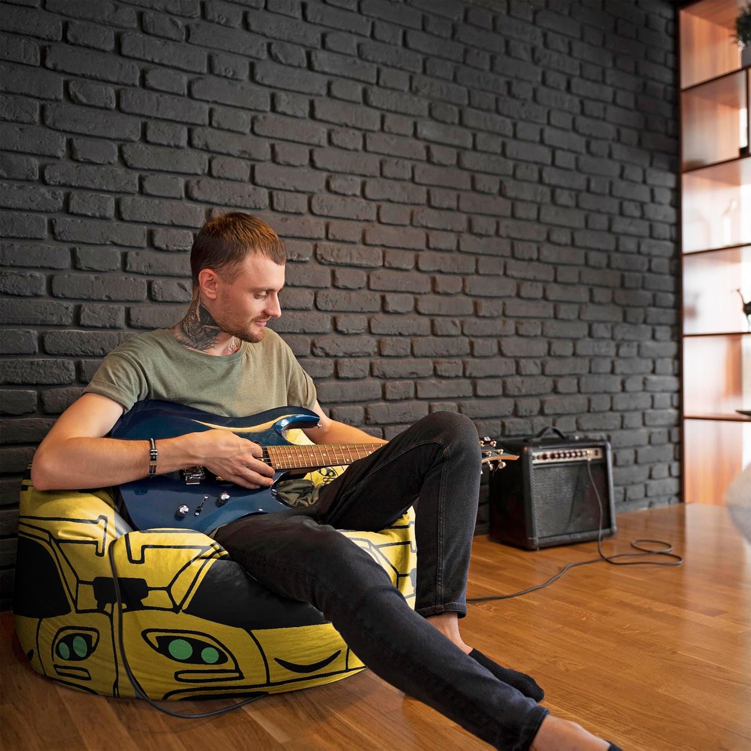 Pearshape Pouf with Footrest Yellow Car-Velvet