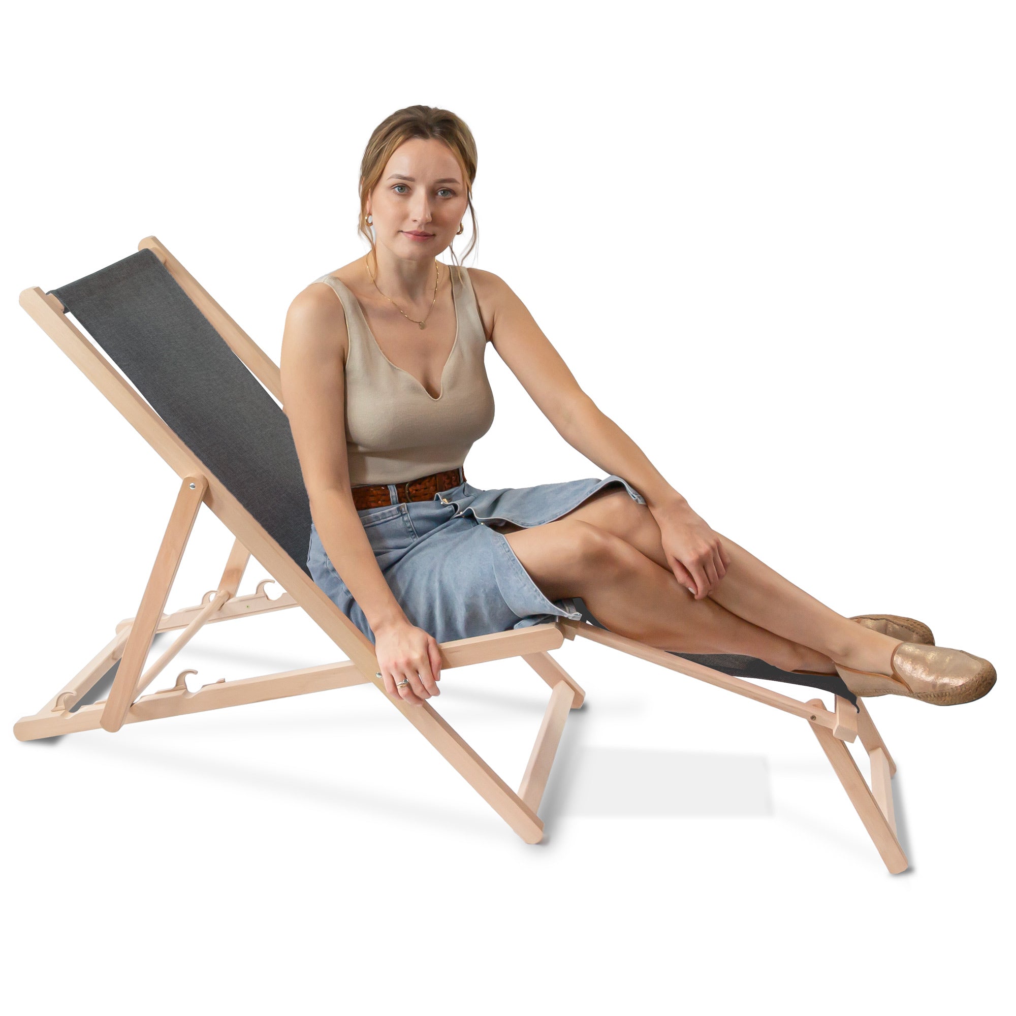 Leżak drewniany z podnóżkiem Imitacja Lnu Stony Beach
