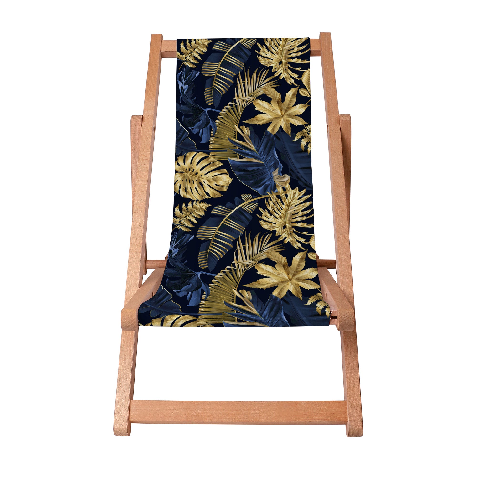 Holzliegestuhl Monstera Gold Marineblau