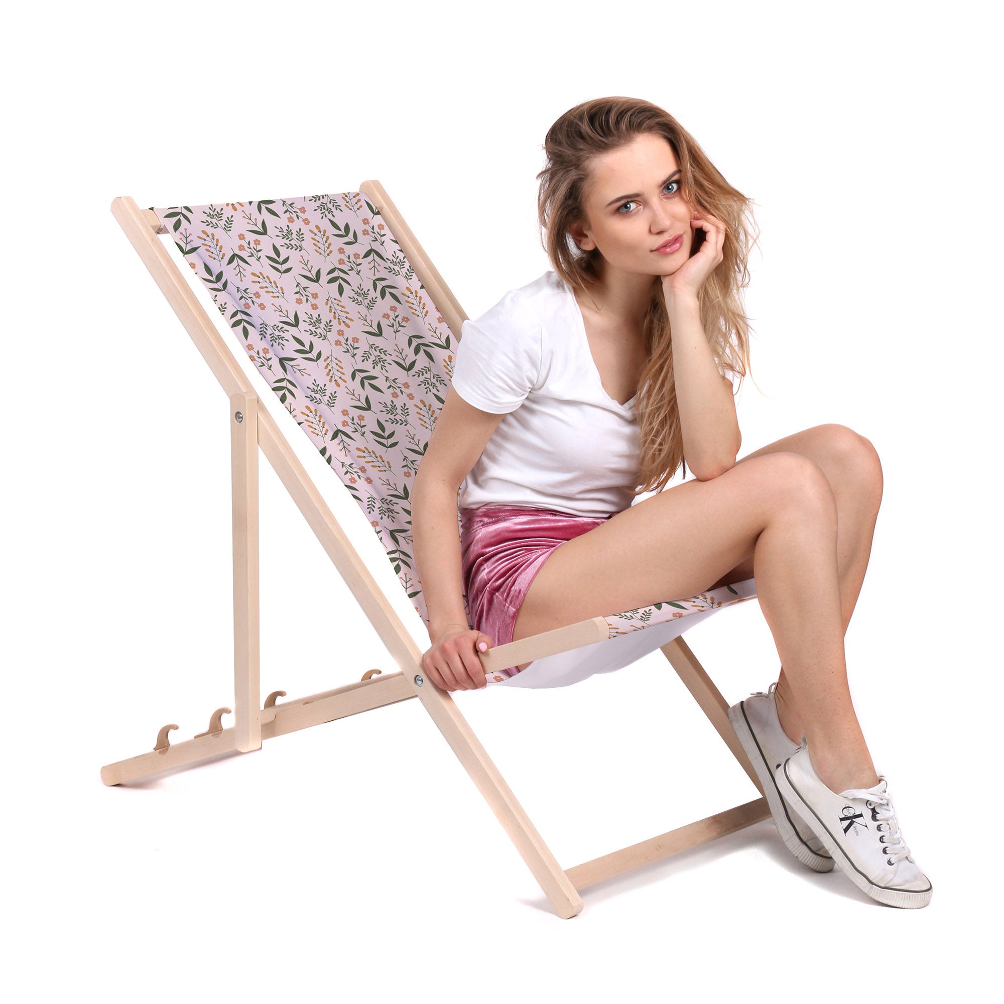 Holzliegestuhl Botanical Beige Pattern-M