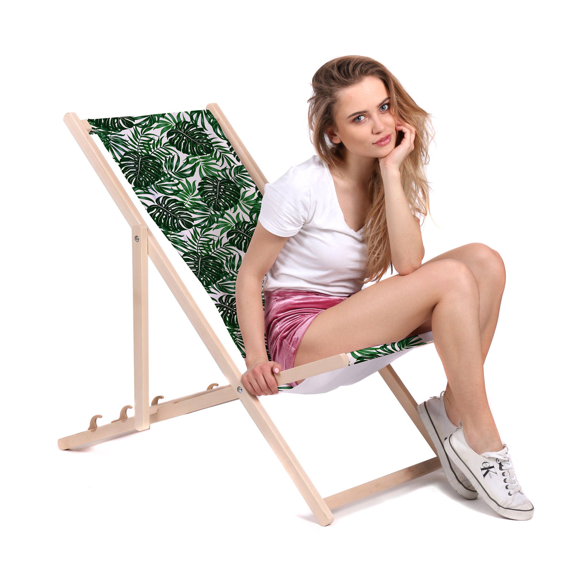 Wooden Deck Chair Tropical Leaves Pattern-M