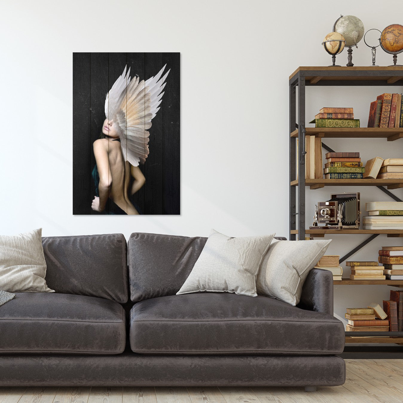 Obraz Wood Žena s bielymi krídlami-30x40 cm