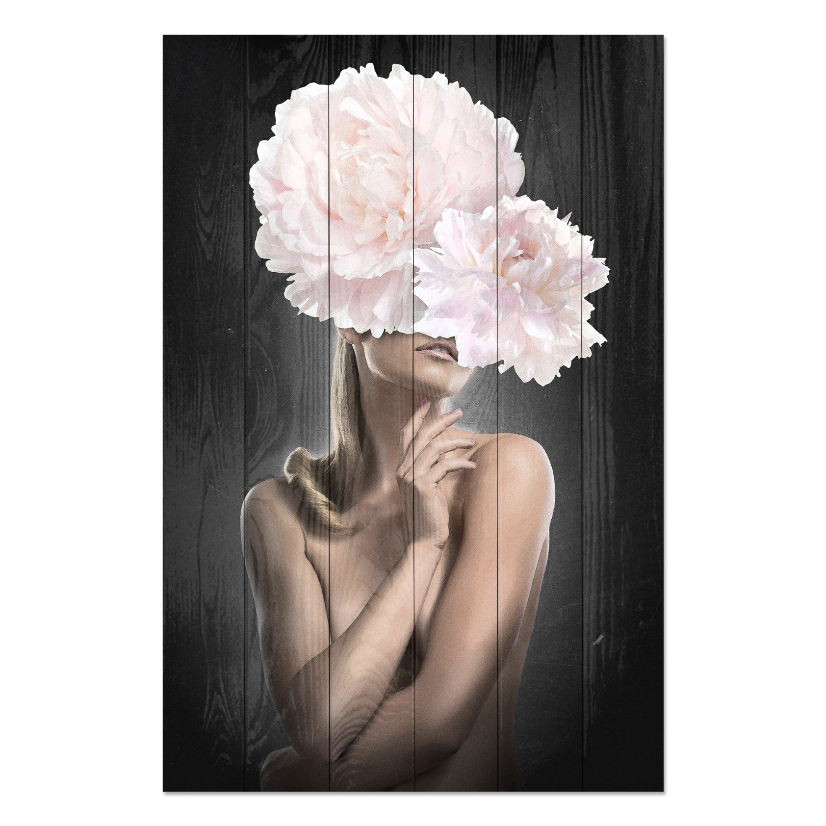 Wood Picture Woman with Pink Peonies-70x90 cm
