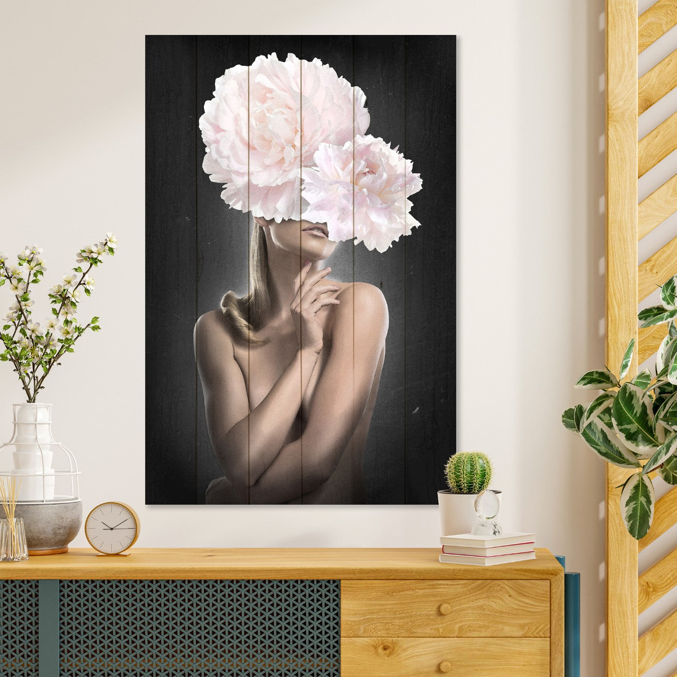 Wood Picture Woman with Pink Peonies-70x90 cm
