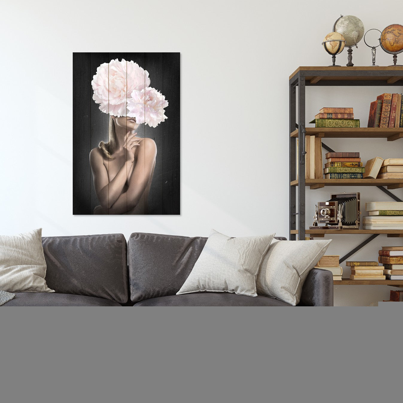 Bild Wood Frau mit rosa Pfingstrosen-50x70 cm