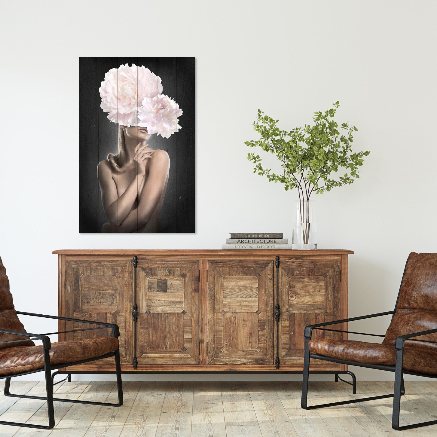 Painting Wood Woman with Pink Peonies
