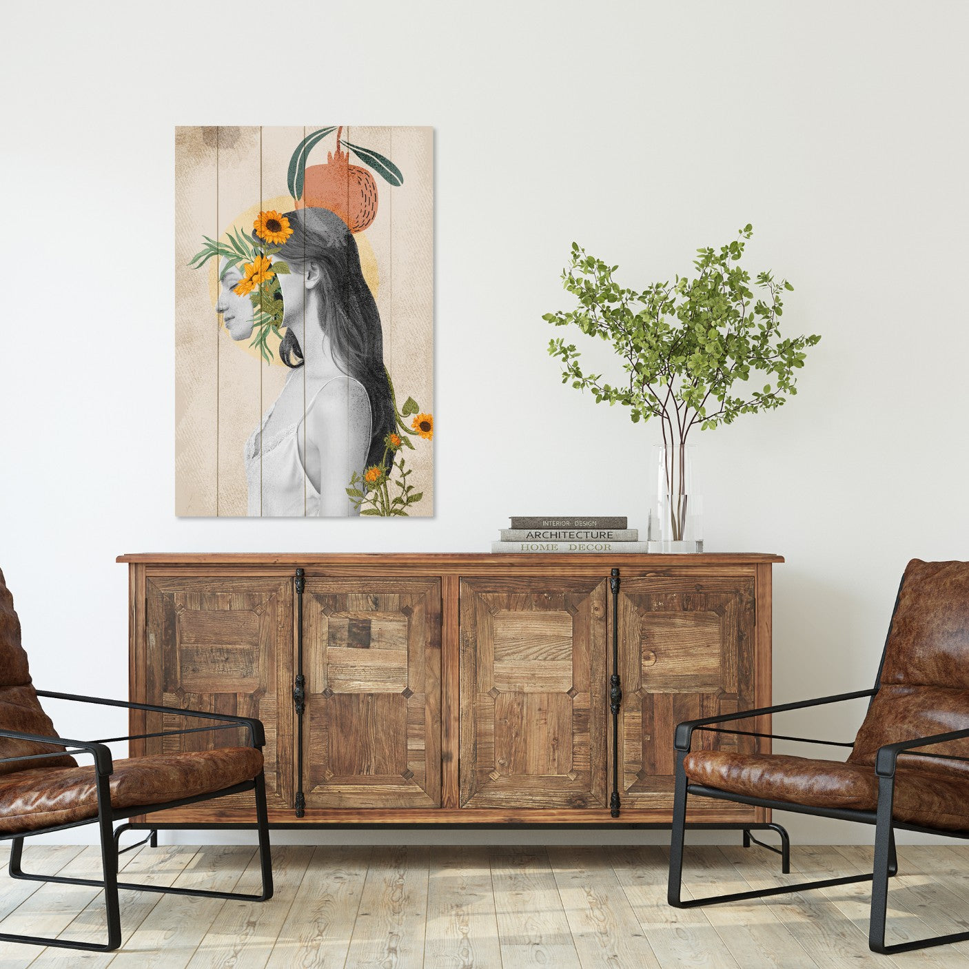 Obraz Wood Žena s hlavou v kvetoch-70x90 cm