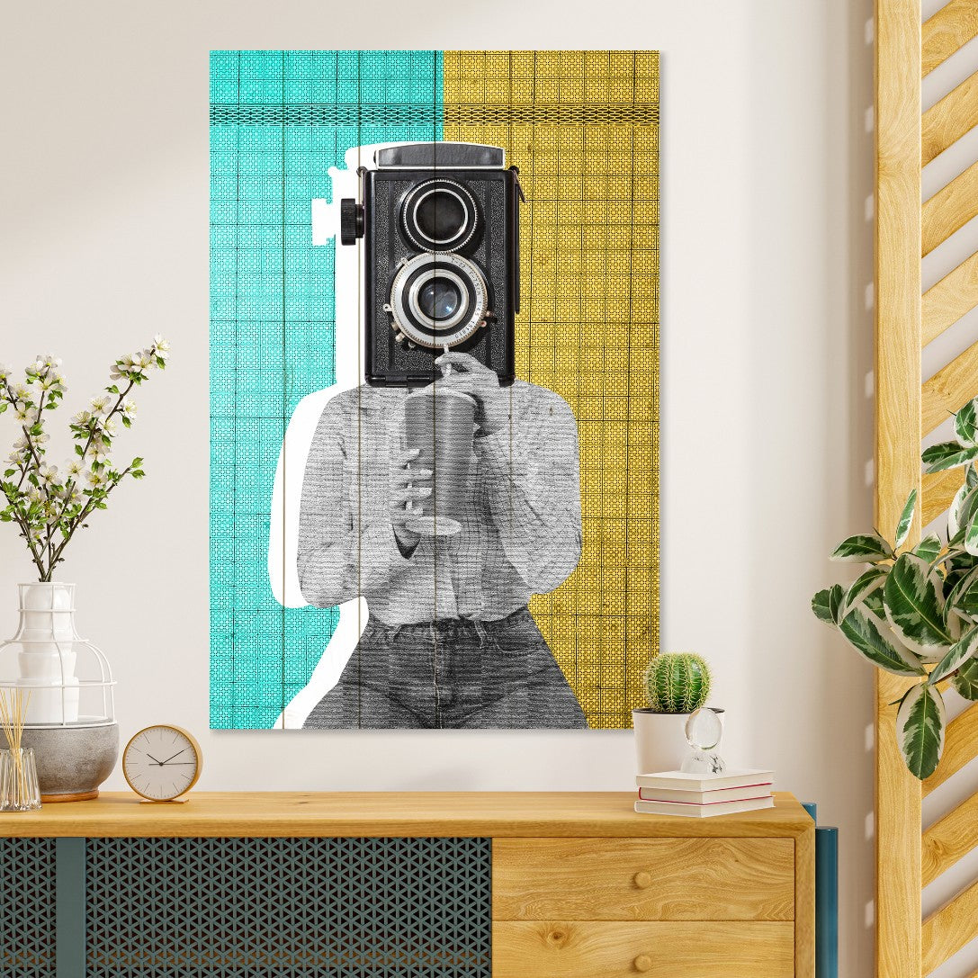 Obraz Wood  Woman with a Vintage Camera-70x90 cm