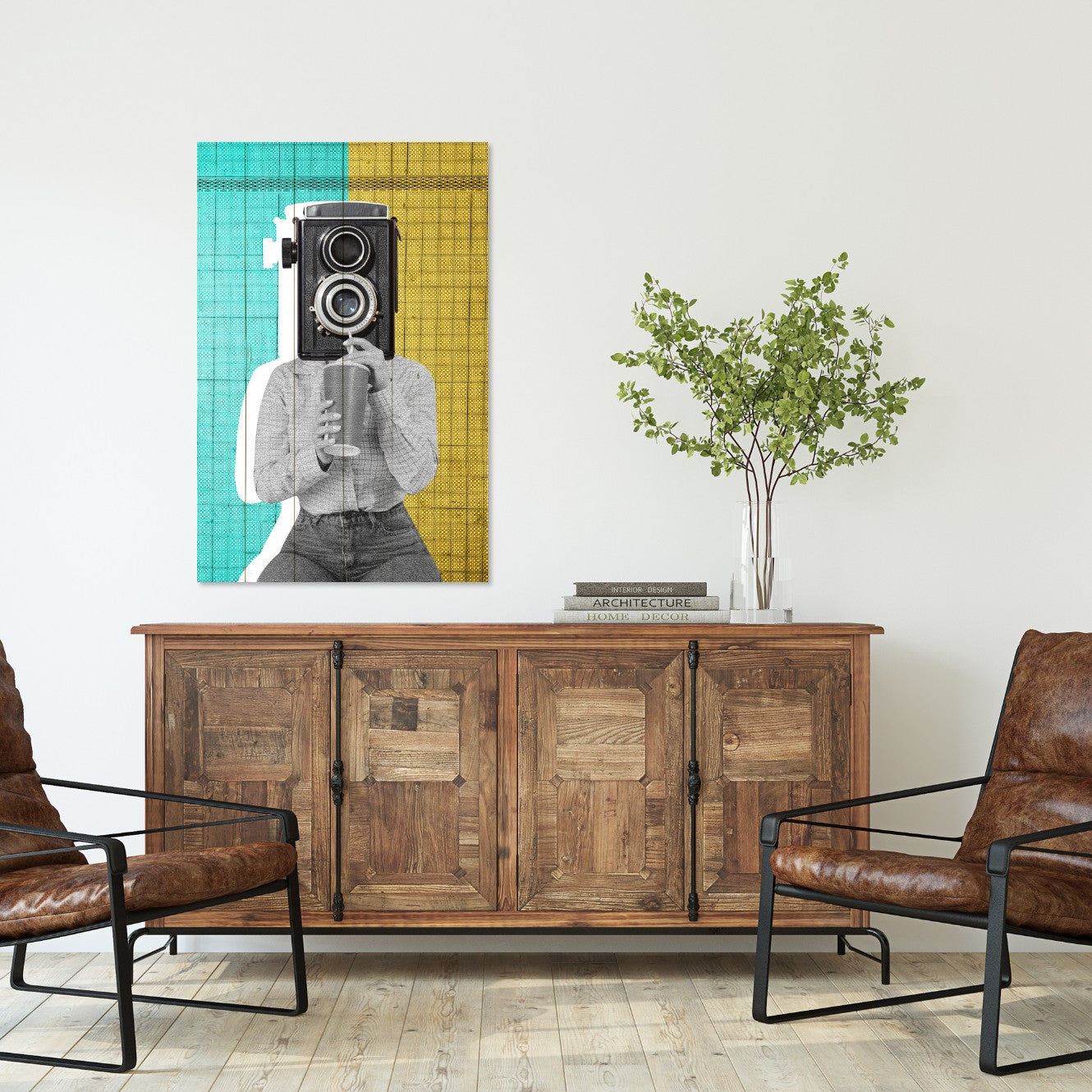 Bild Holz Frau mit Vintage-Kamera