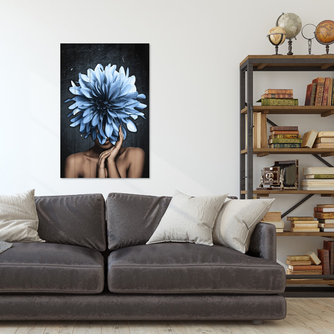 Obraz Wood Žena s velkými modrými květy-40x60 cm