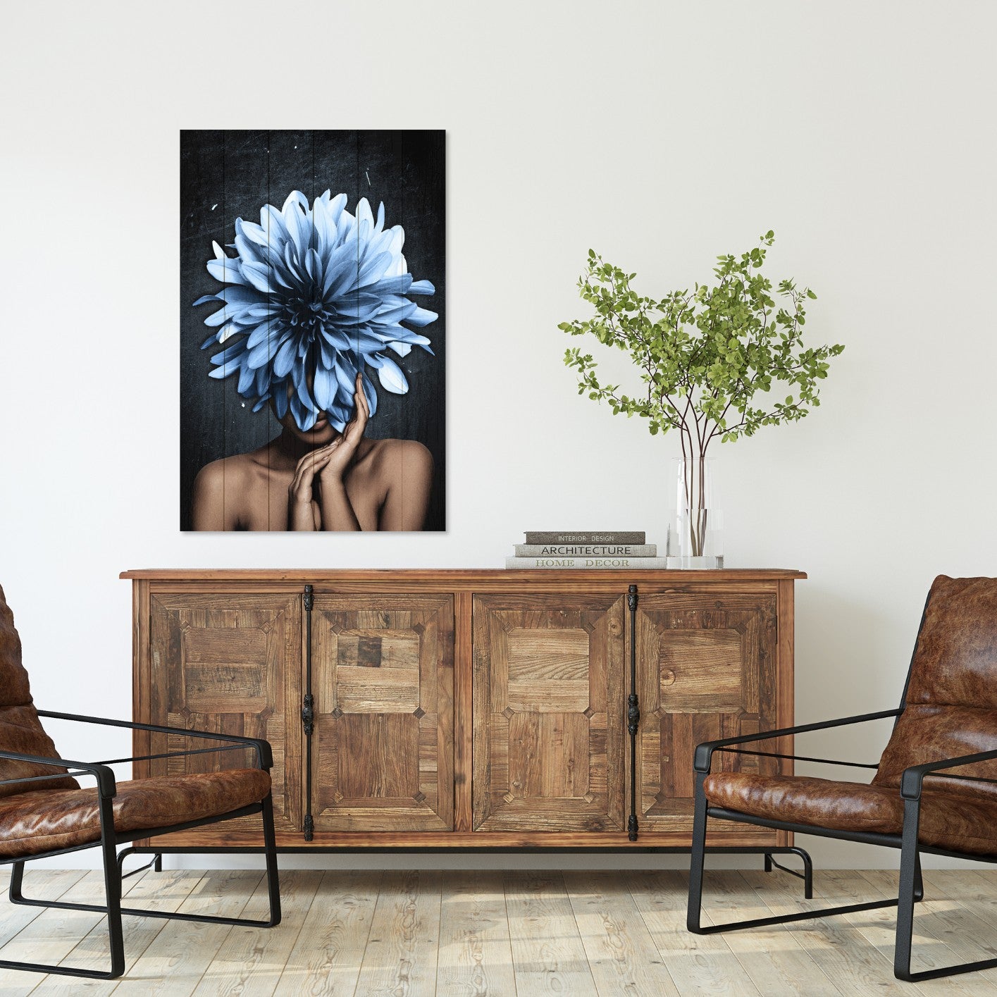 Bild Holz Frau mit großen blauen Blumen