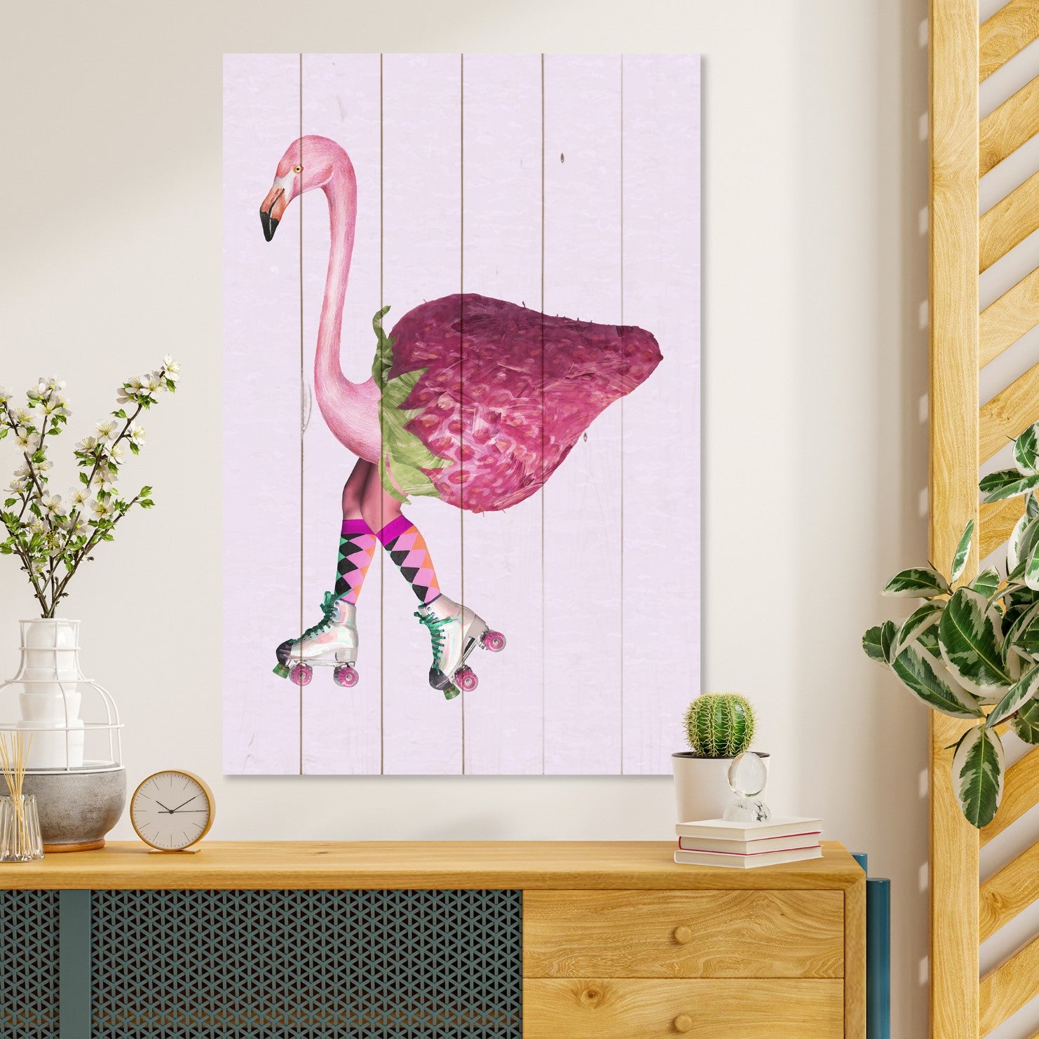 Bild Holz Rosa Flamingo mit Erdbeere-20x30 cm