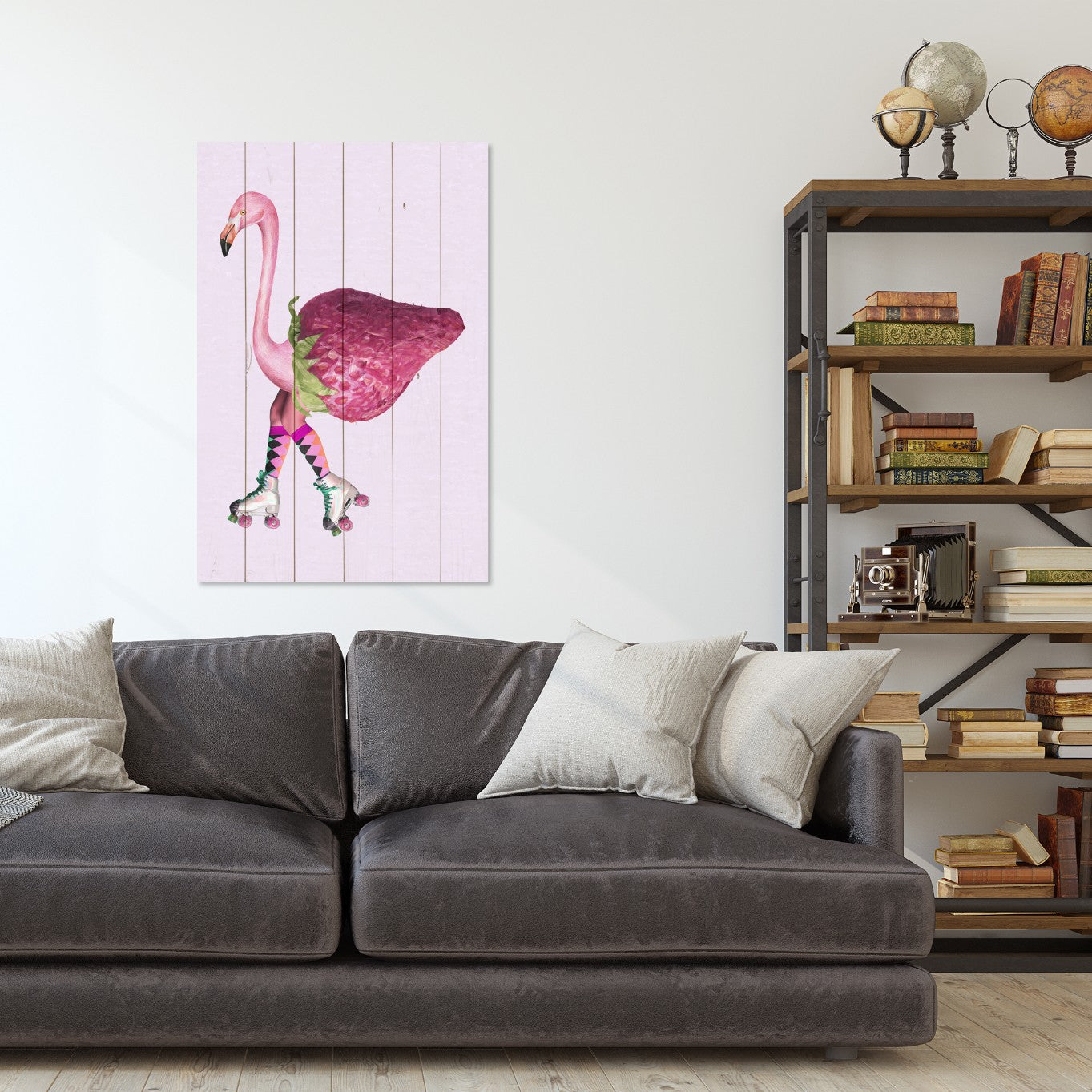 Bild Holz Rosa Flamingo mit Erdbeere-20x30 cm