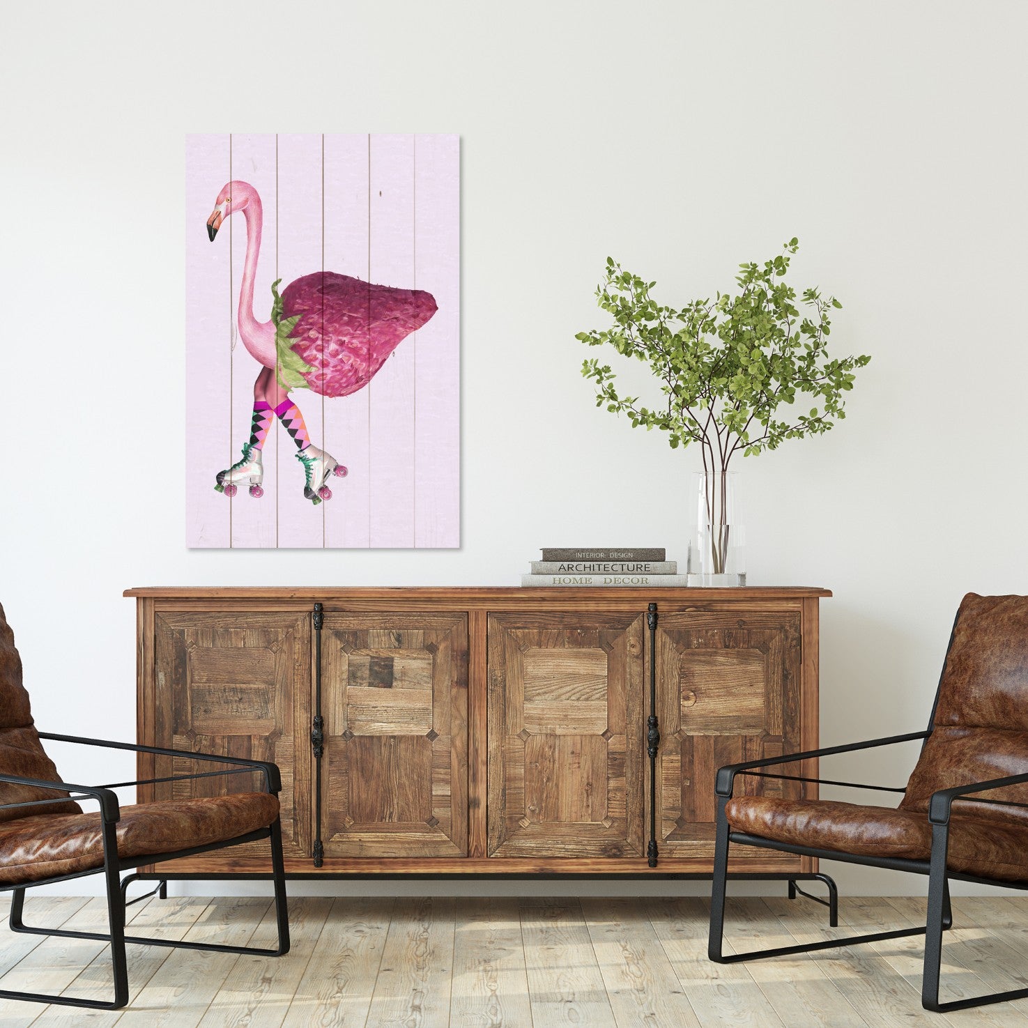 Bild Holz Rosa Flamingo mit Erdbeere-20x30 cm