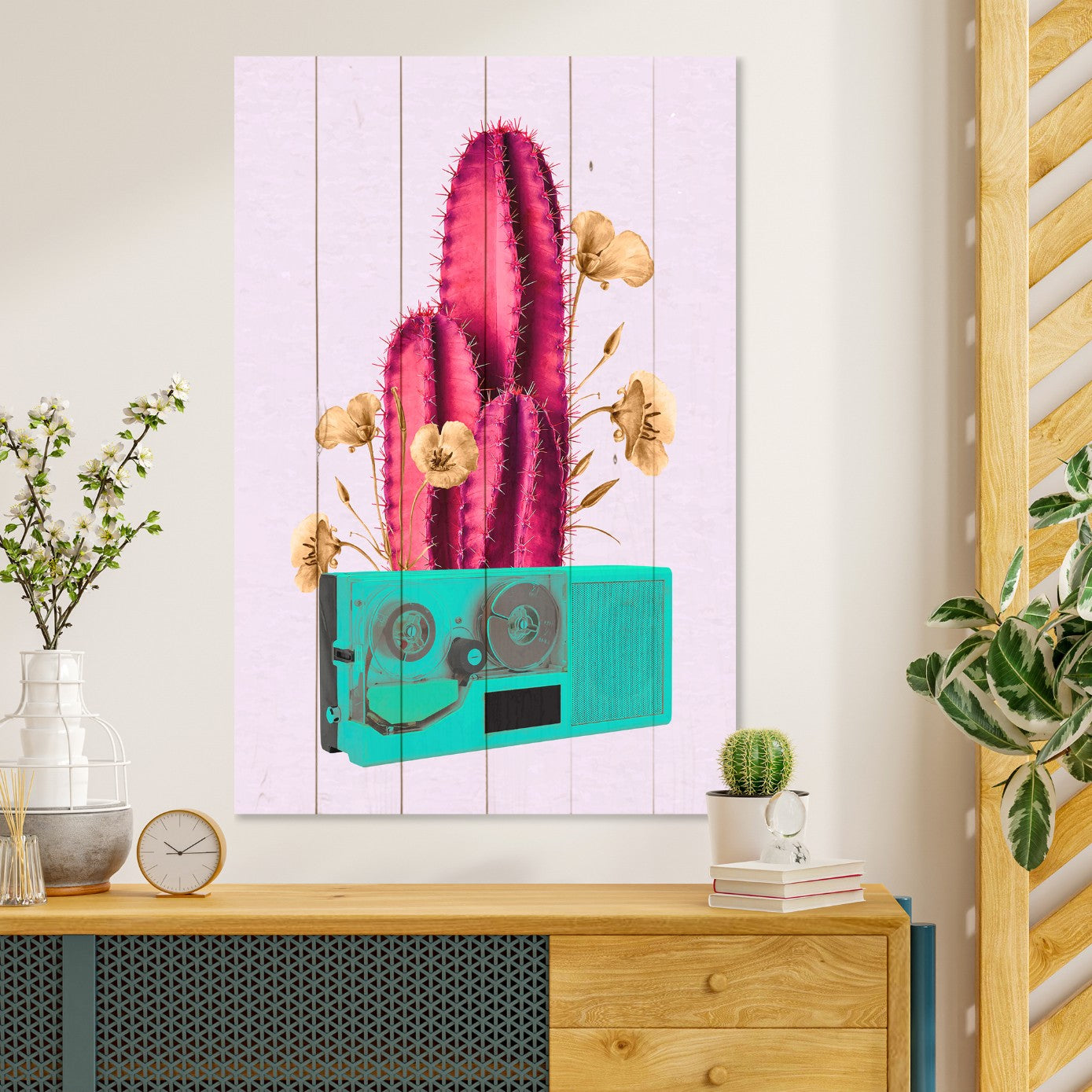 Obraz Wood Retro Pink Cactus on Radio-40x60 cm