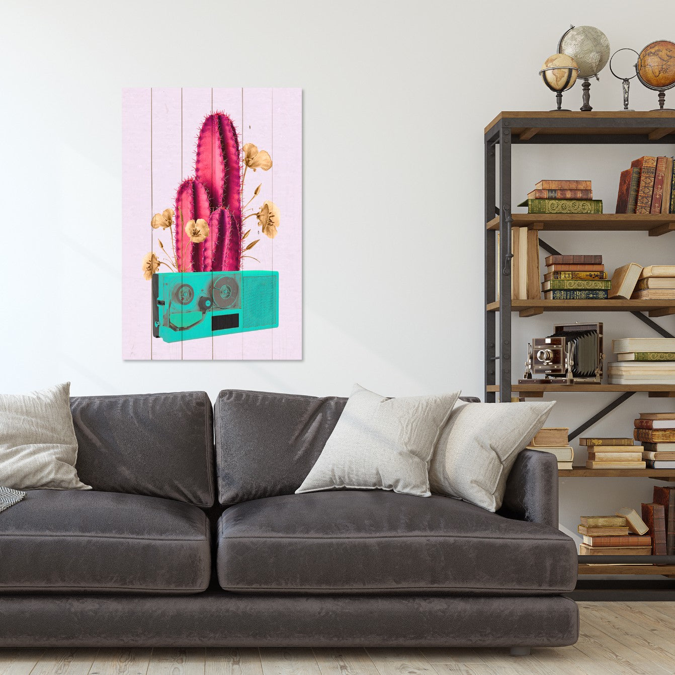 Obraz Wood Retro Pink Cactus on Radio
