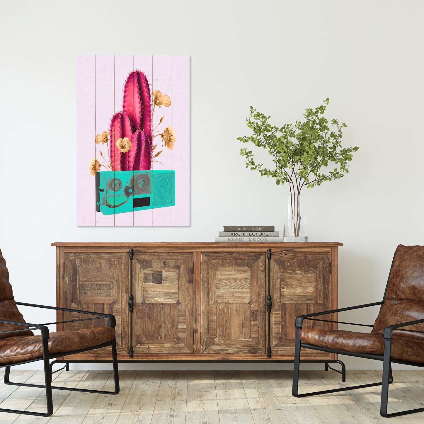 Obraz Wood Retro Pink Cactus on Radio-40x60 cm