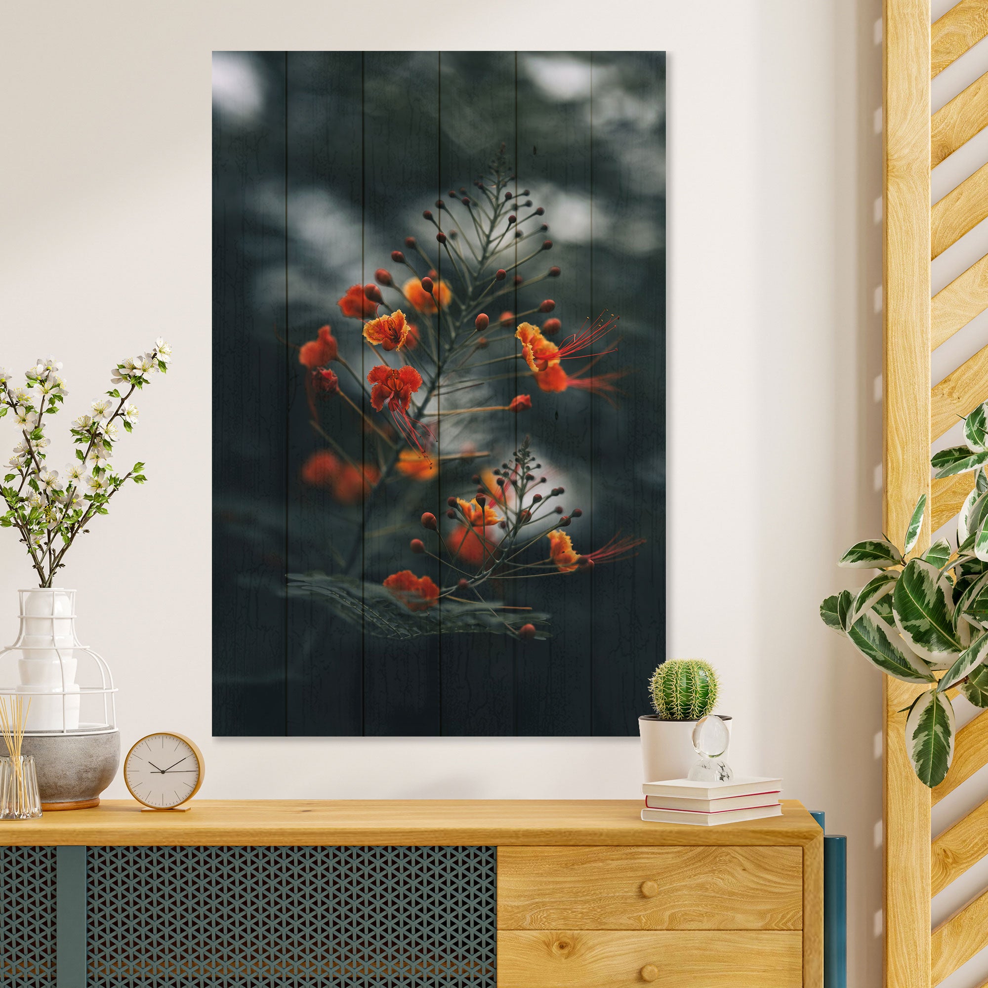 Wood Little Orange Flowers Painting-50x70 cm