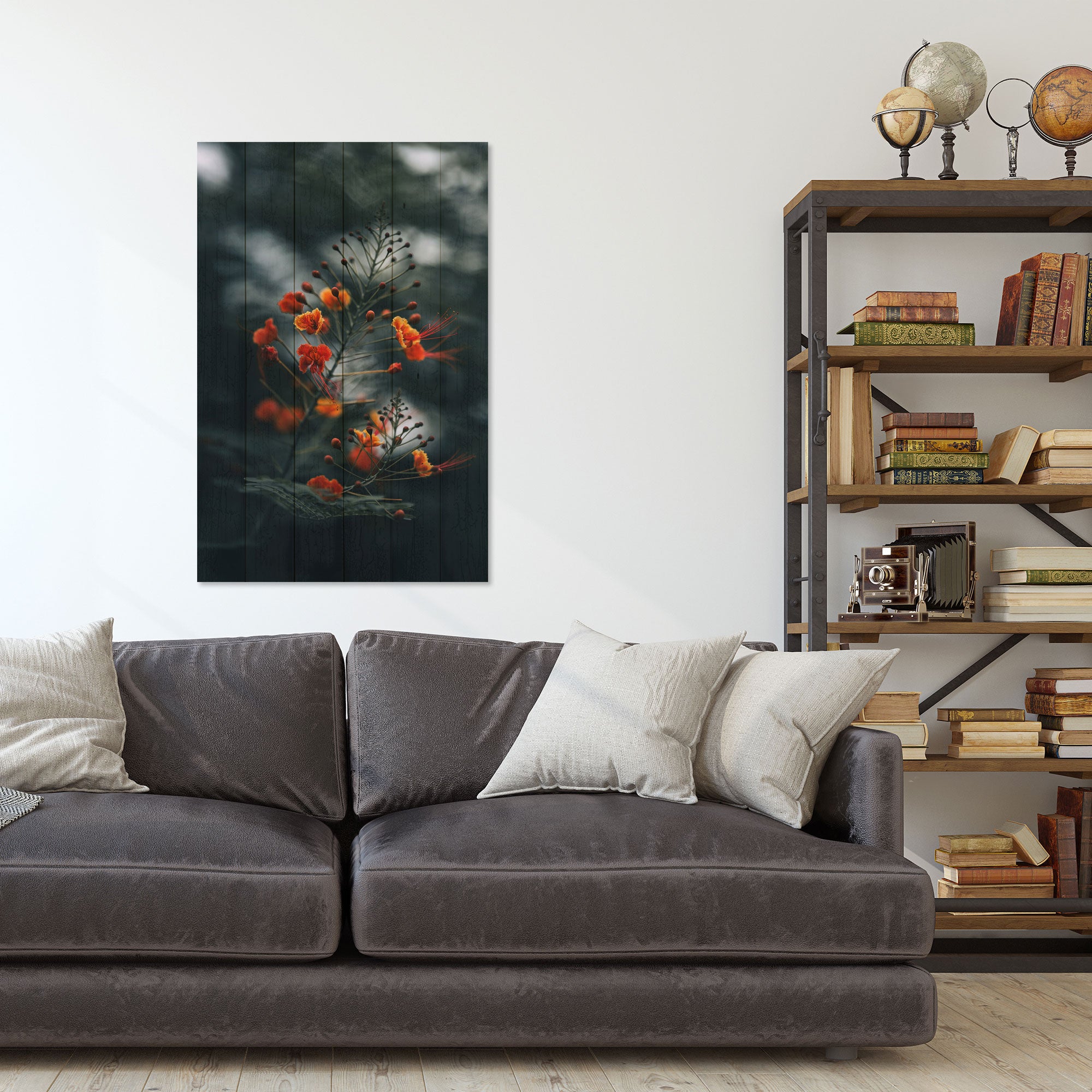 Wood Little Orange Flowers Painting-20x30 cm