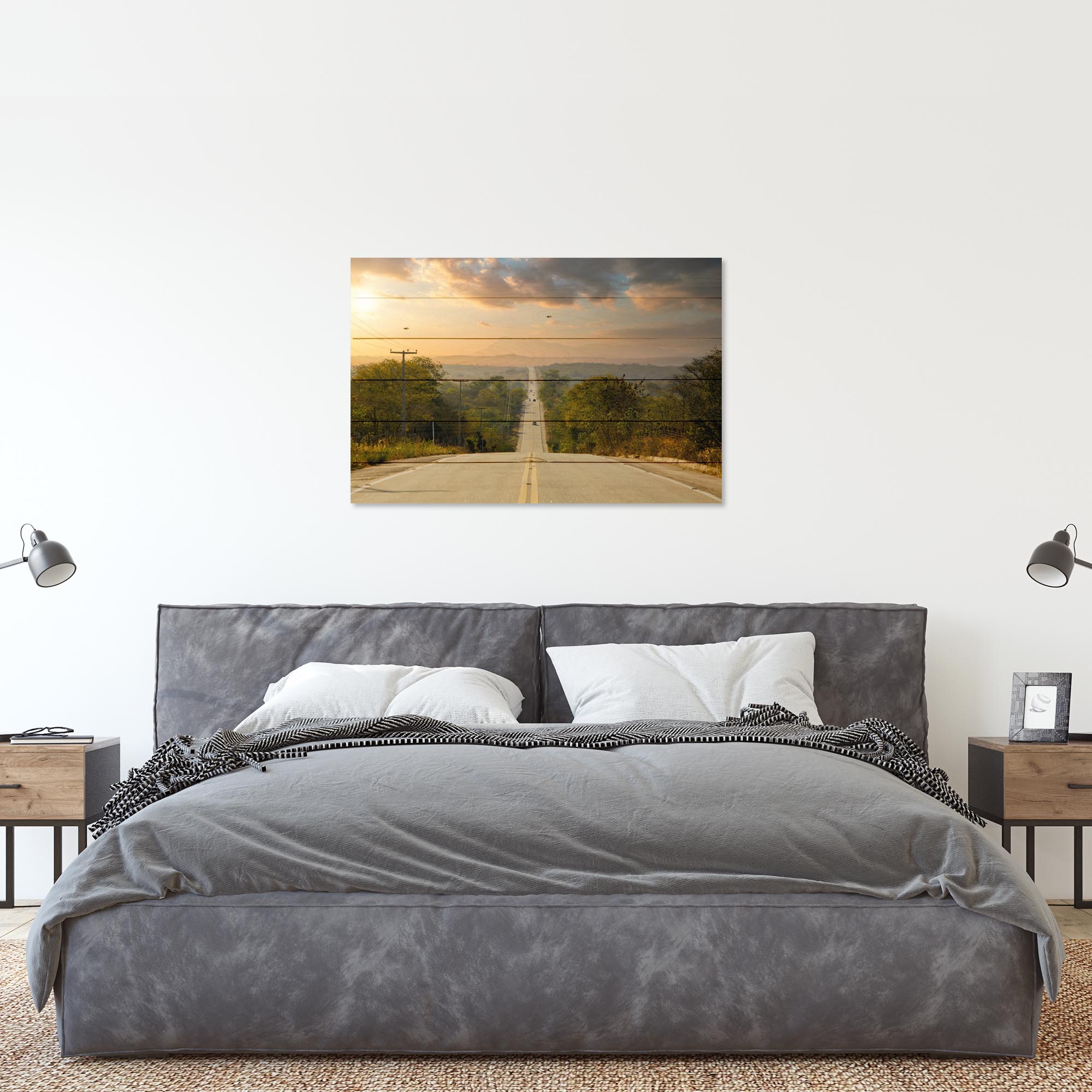 Wood Picture Long Highway Lined With Trees-30x40 cm