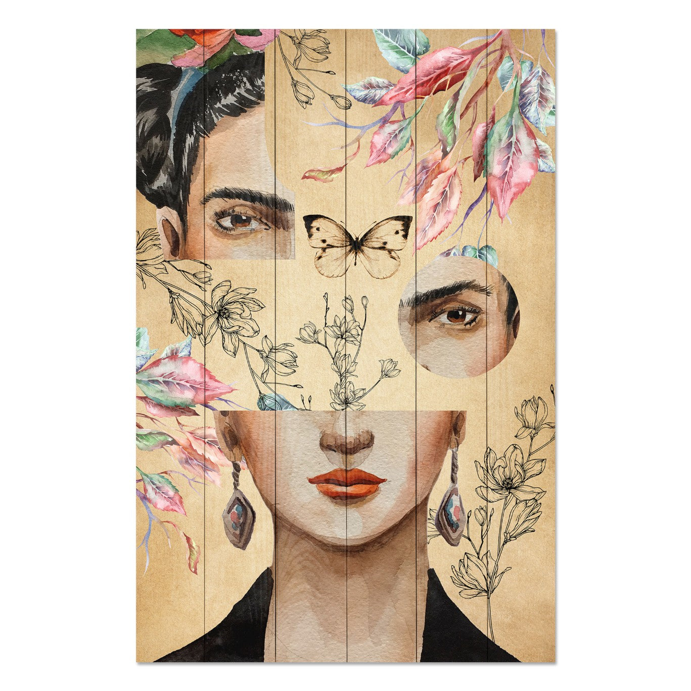 Obraz Wood Koláž Frida a Kvet-30x40 cm