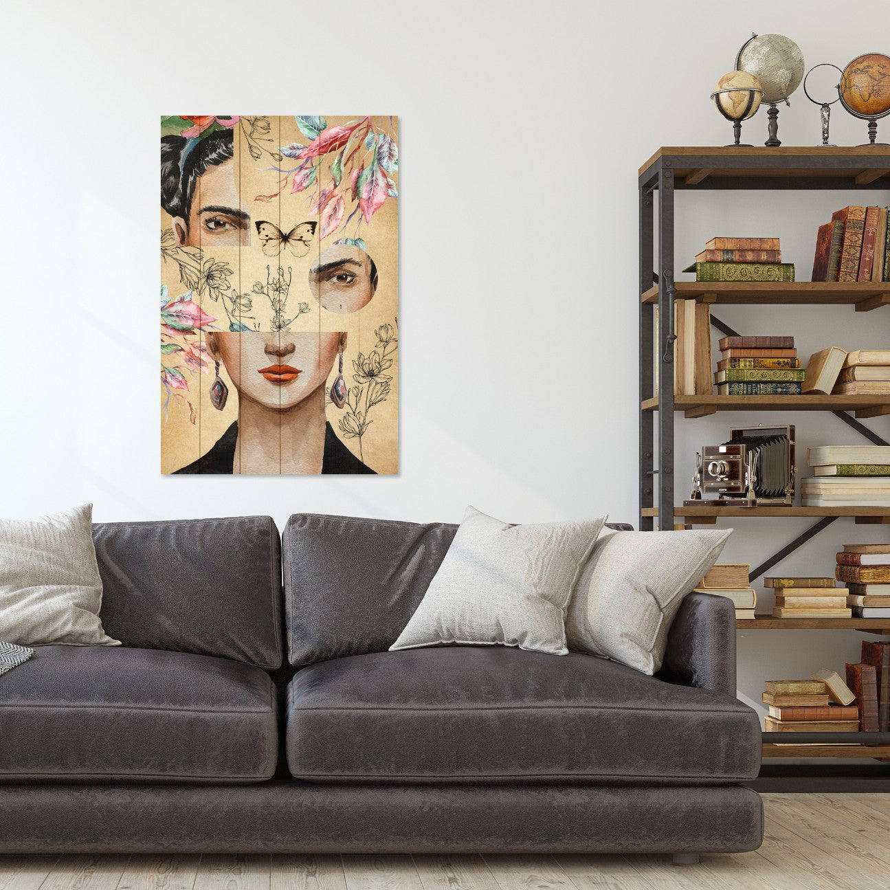 Obraz Wood Koláž Frida a Kvet-30x40 cm