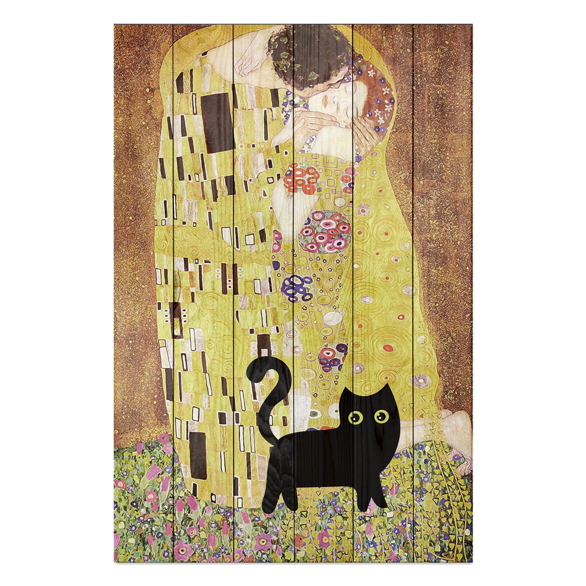 Obraz Wood Klimtov bozk s mačkou - 20x30 cm