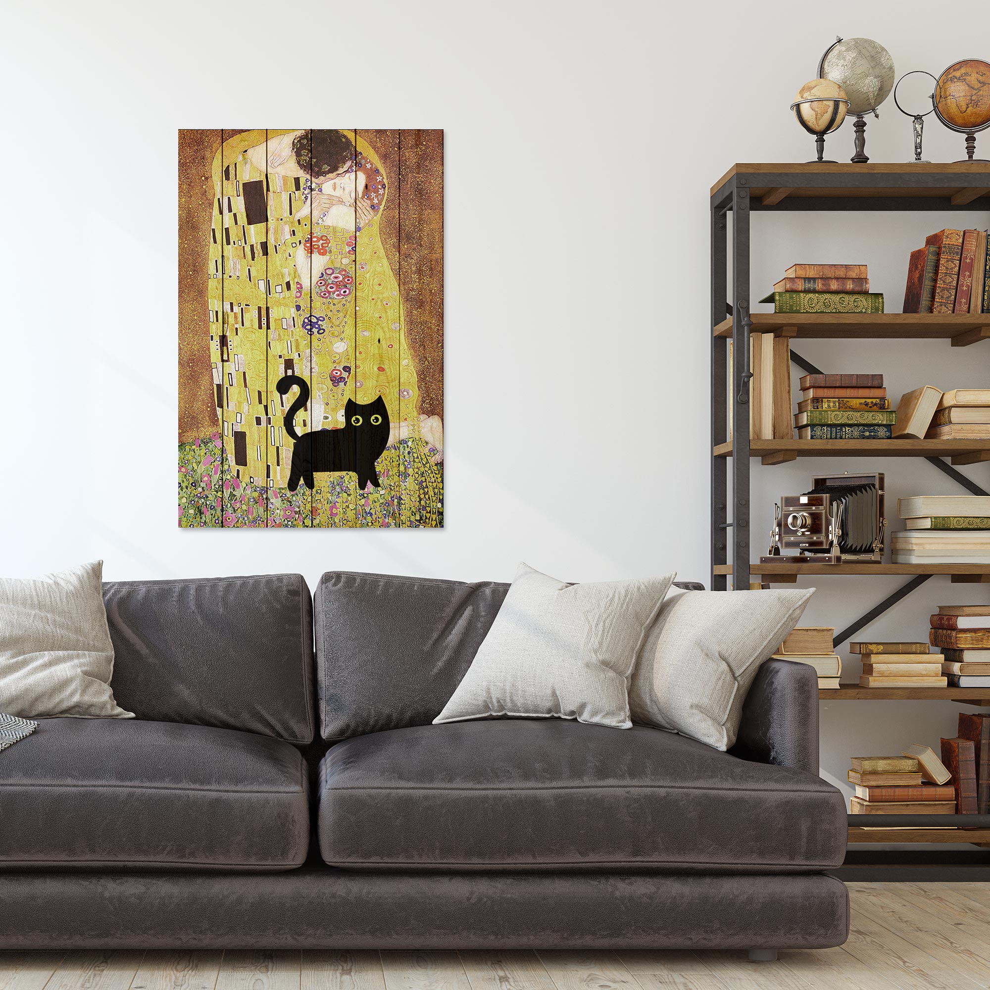Obraz Wood Klimtov bozk s mačkou - 20x30 cm