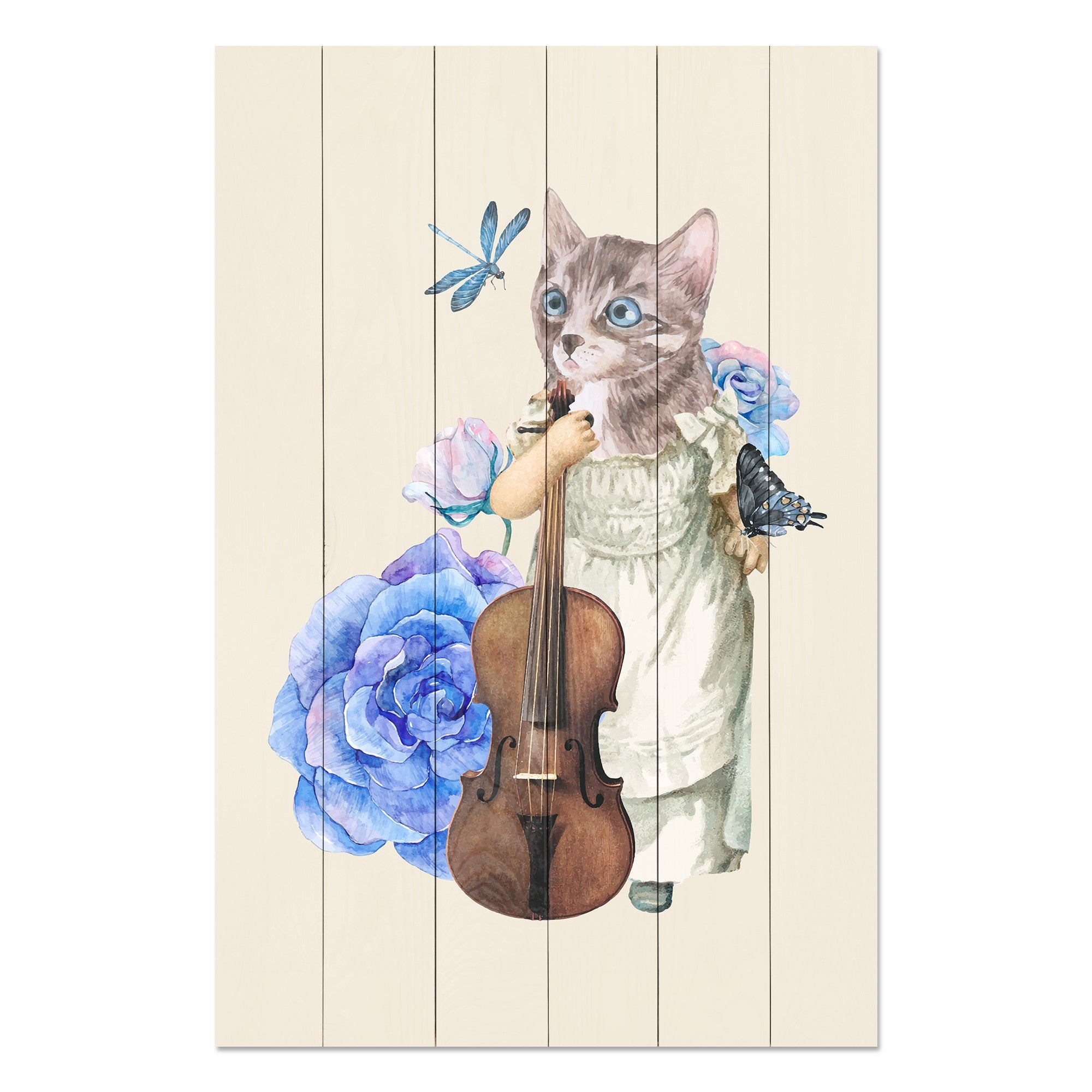 Bild Wood Katze mit Geige in Blumen-50x70 cm