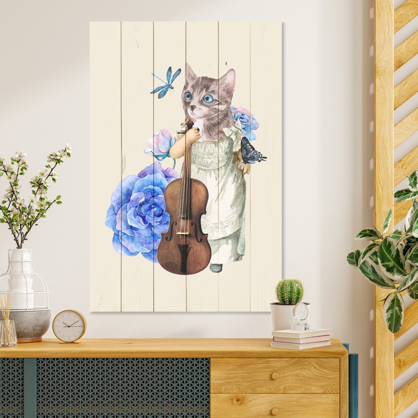 Obraz Wood Cat with Fiddle in Flowers-30x30 cm