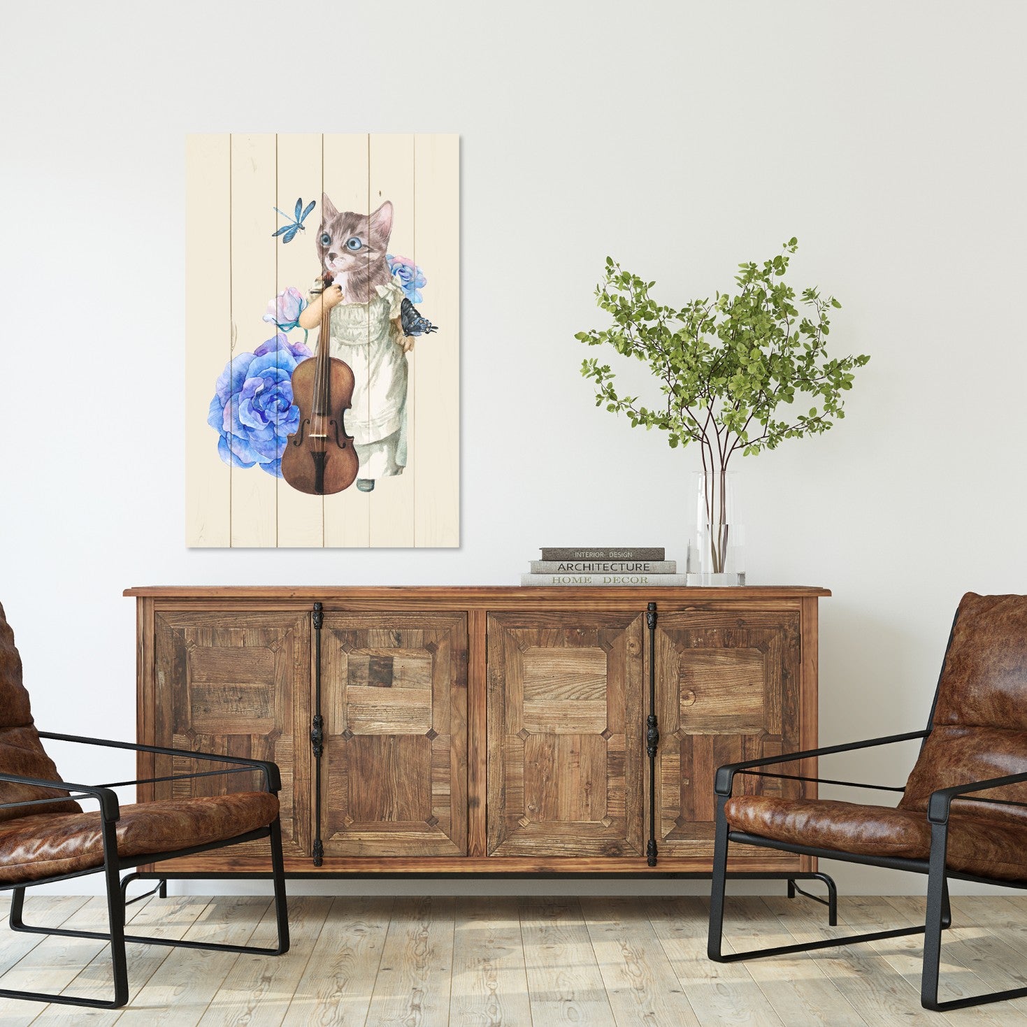 Bild Wood Katze mit Geige in Blumen-40x60 cm