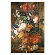 Wooden Picture Floral Still Life with Cat-50x70 cm