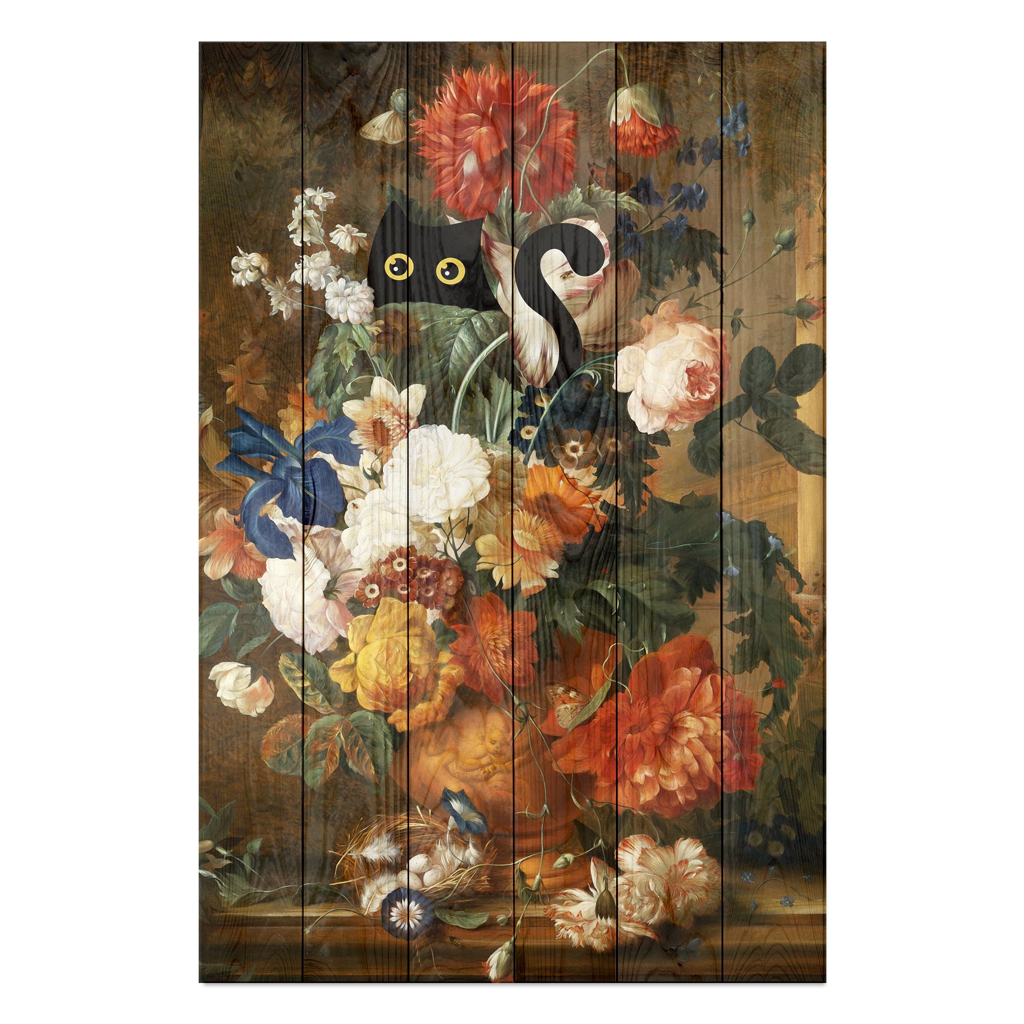 Bild Wood Blumiges Stillleben mit Katze