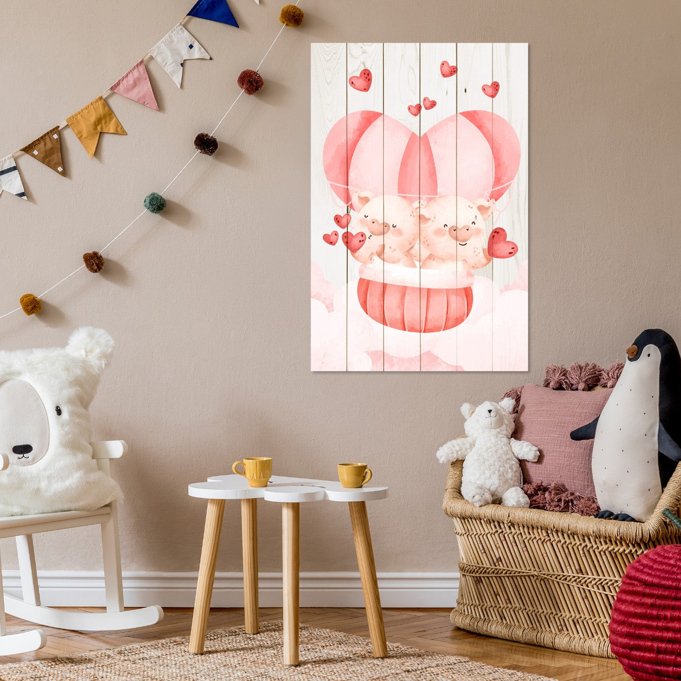 Obraz Wood Pig Couple with Hearts-50x70 cm