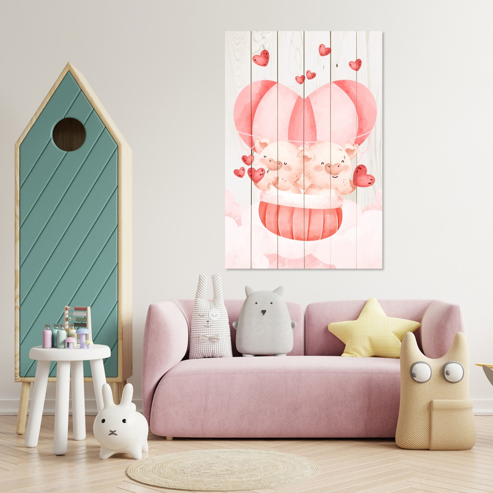 Obraz Wood Pig Couple with Hearts-40x60 cm