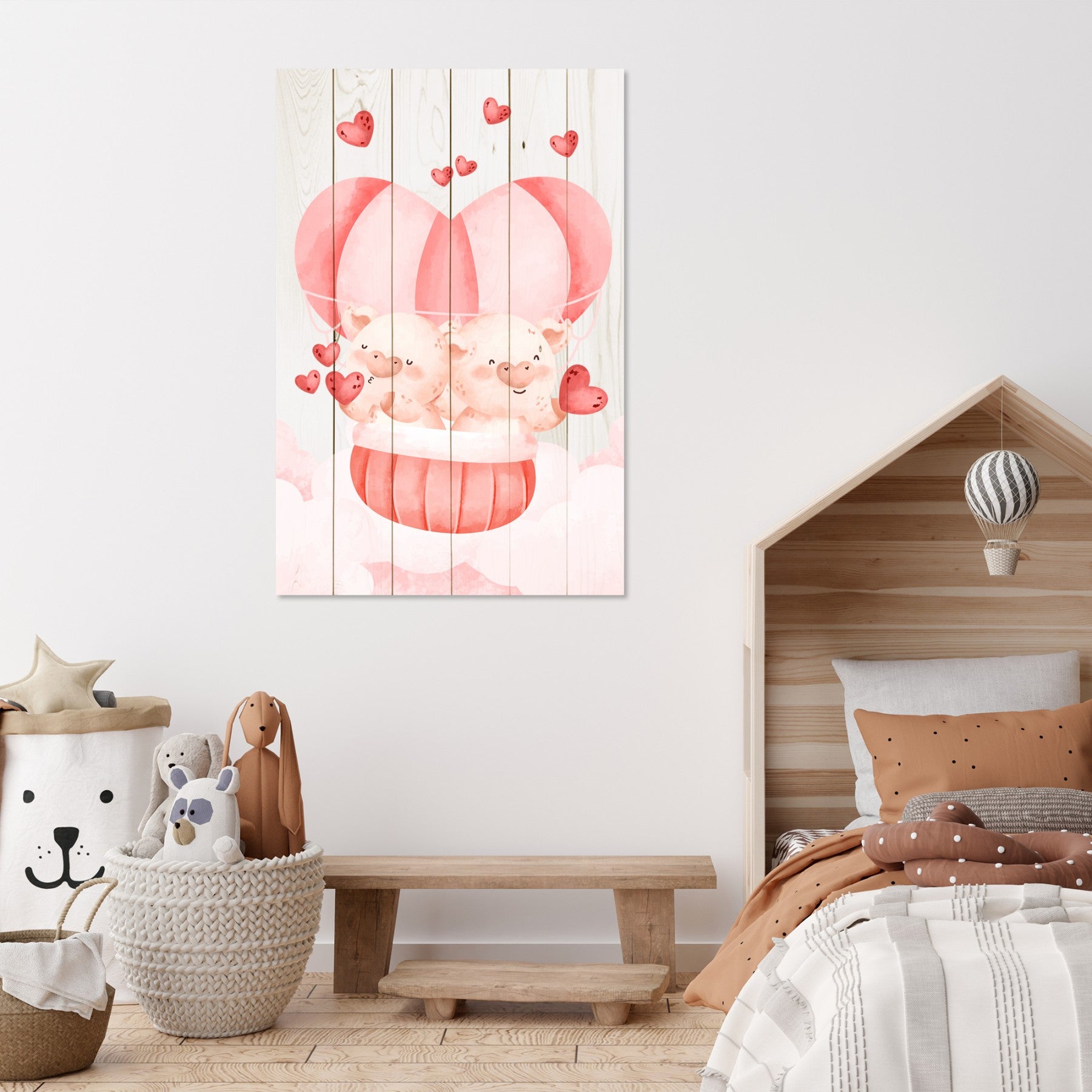 Obraz Wood Pig Couple with Hearts-30x40 cm