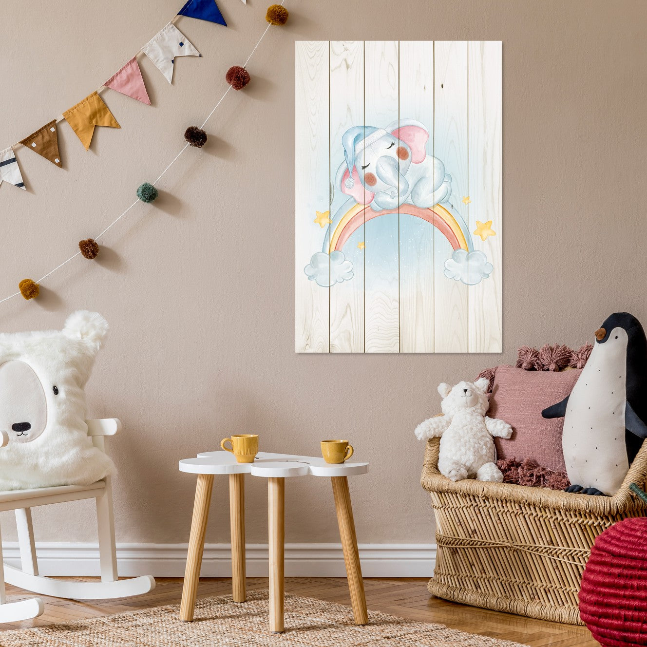Obraz Wood Little Elephant on the Rainbow