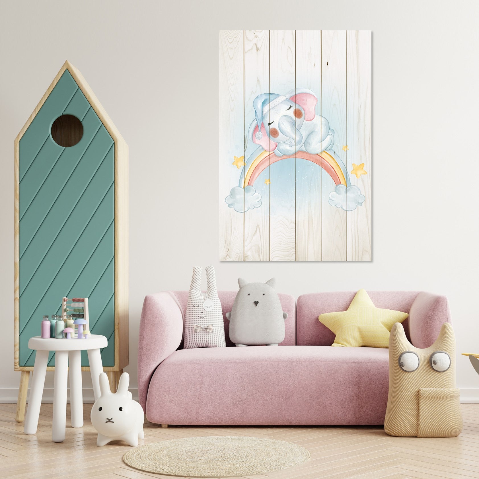 Obraz Wood Little Elephant on the Rainbow-60x90 cm