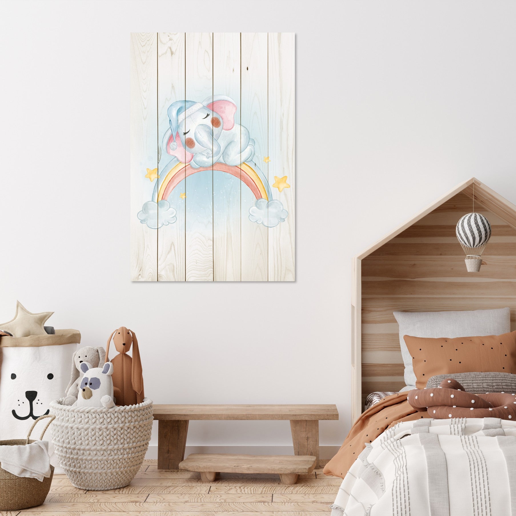 Obraz Wood Little Elephant on the Rainbow-30x40 cm