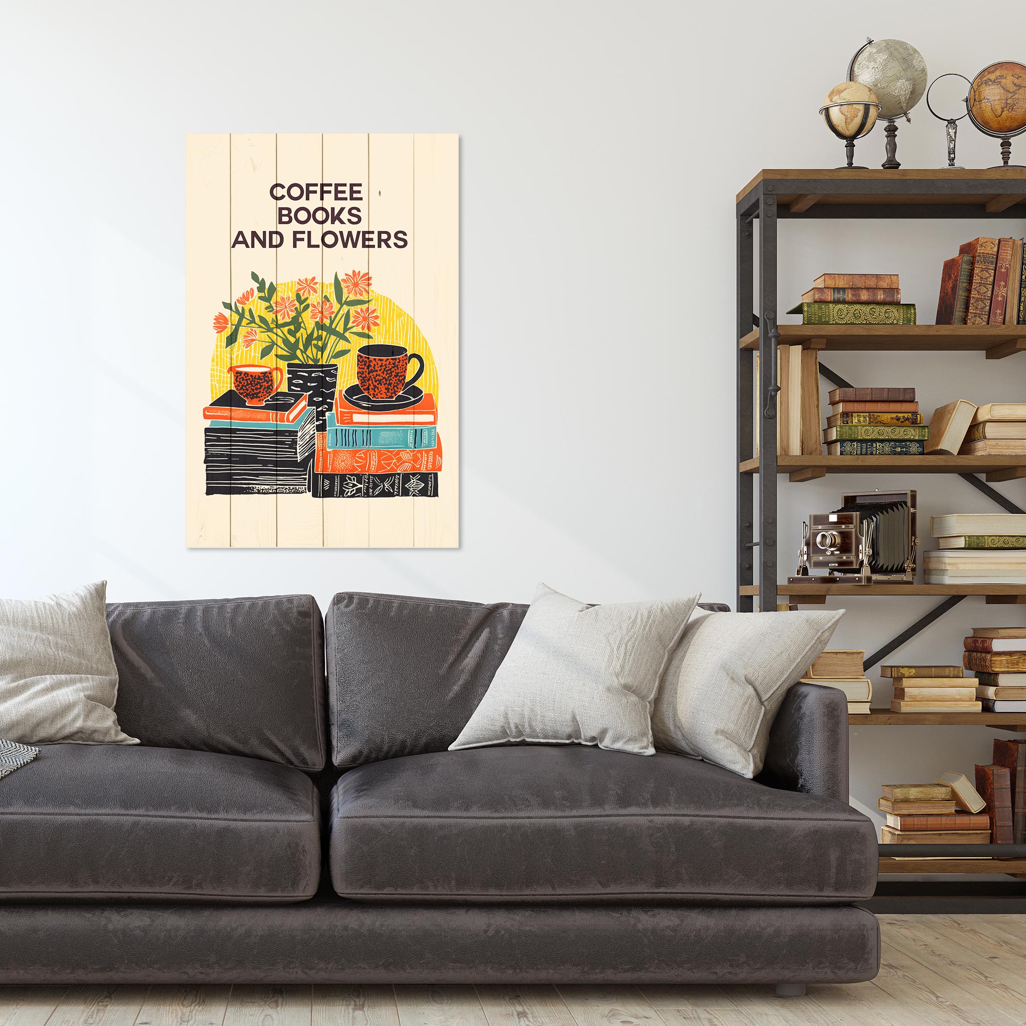 Bild Wood Kaffee Bücher Blumen-40x60 cm