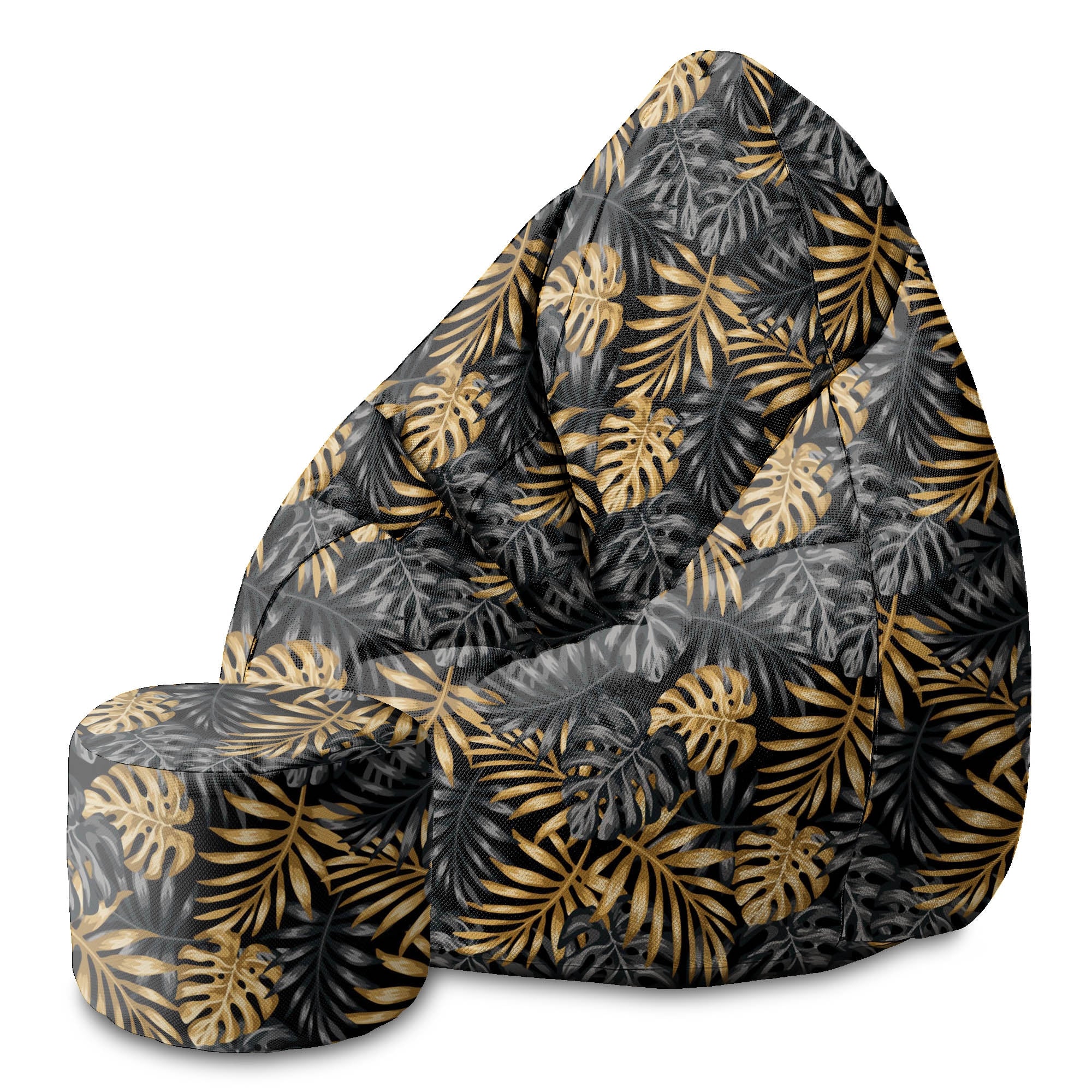 Round Pouf Footstool Golden Tropical Leaves-Panama