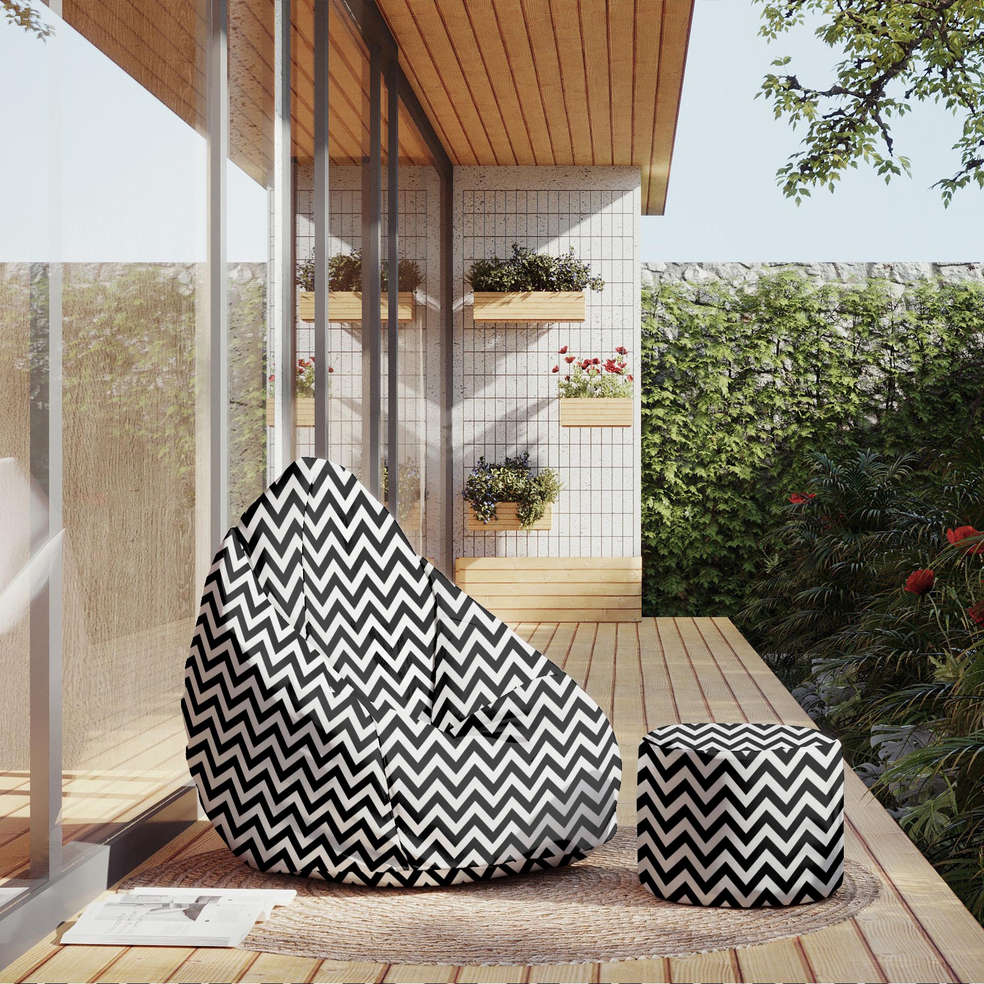 Round Pouf Footstool Zig Zag Black