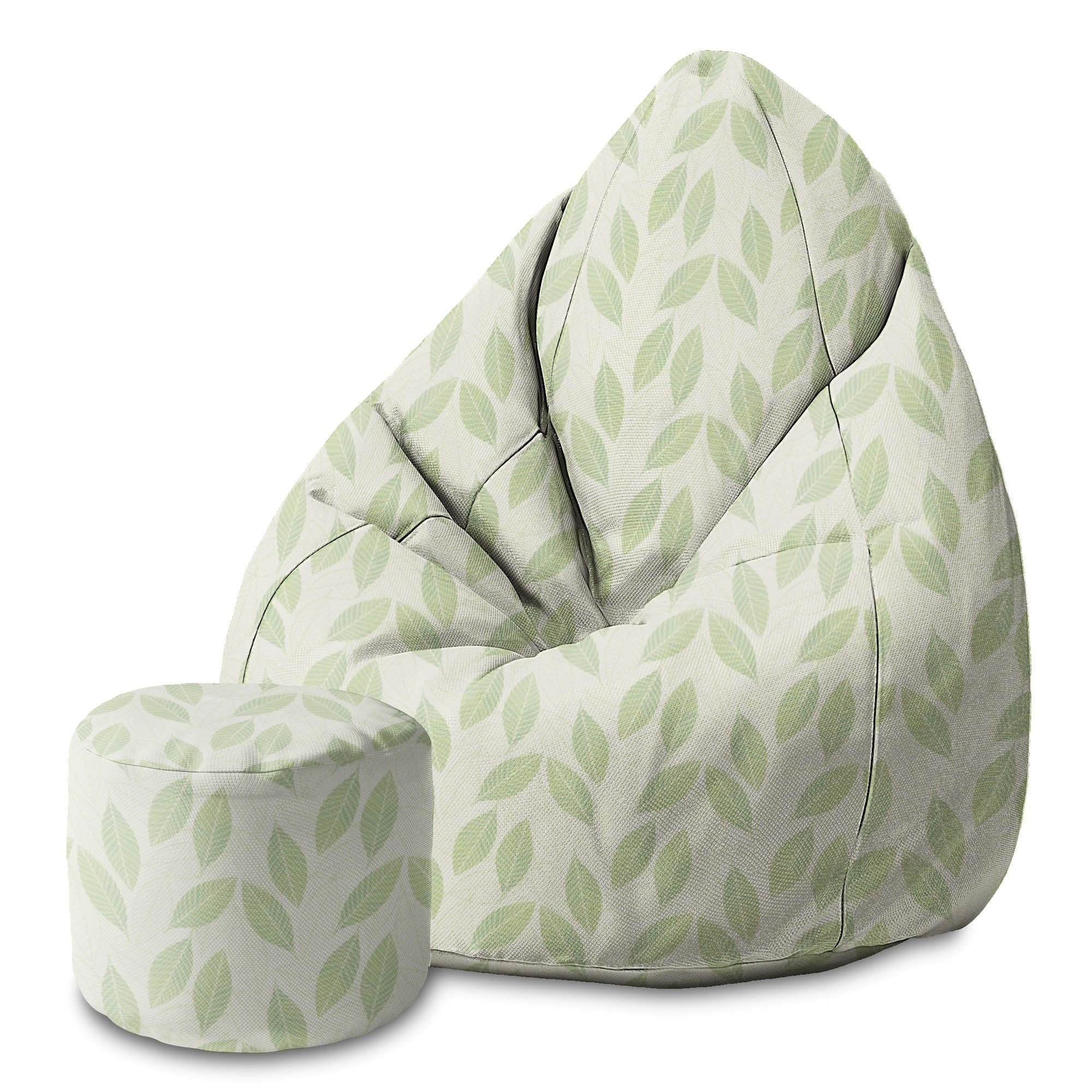 Round Pouf Footrest Light Green Leaves