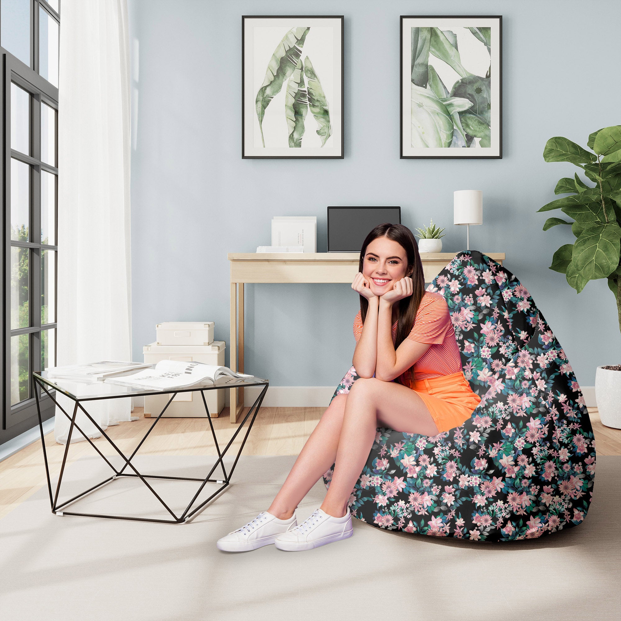 Pearshape Dark Botanic Pink Pouf-M-Velvet