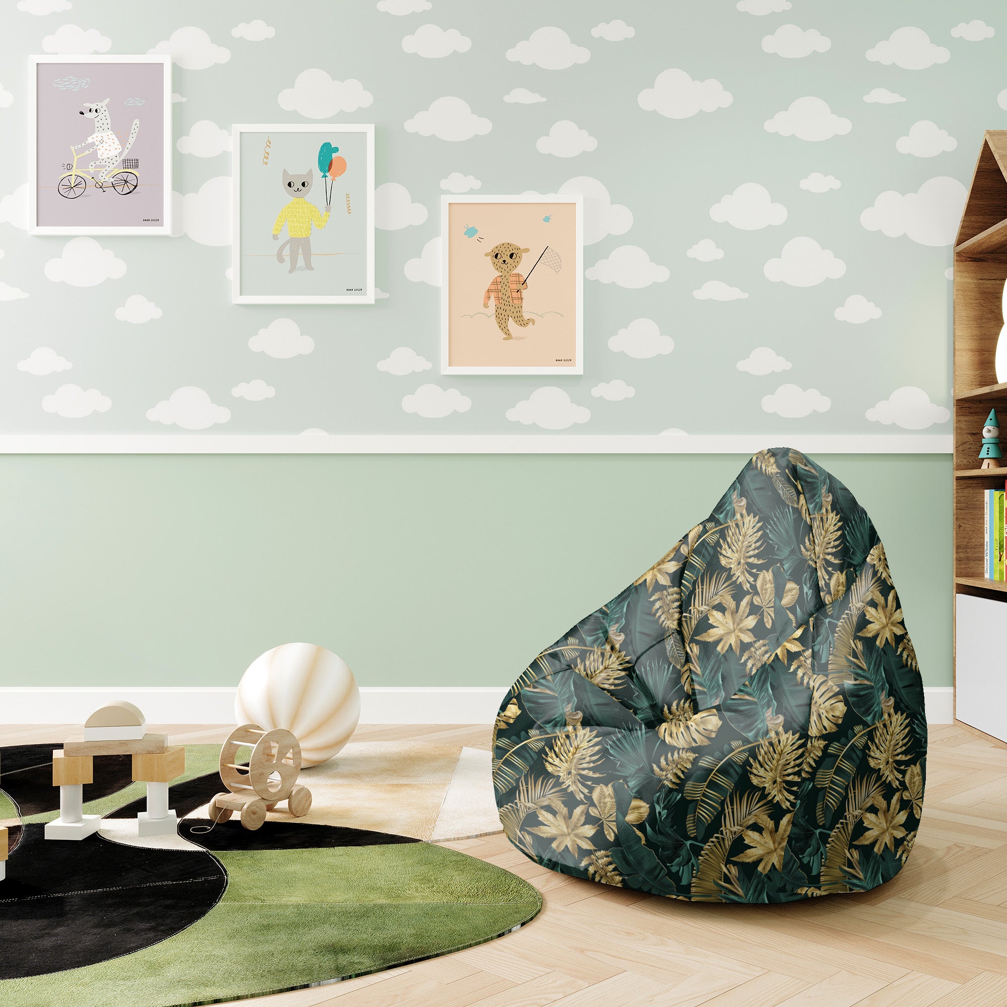 Puf Pearshape Monstera Gold Green