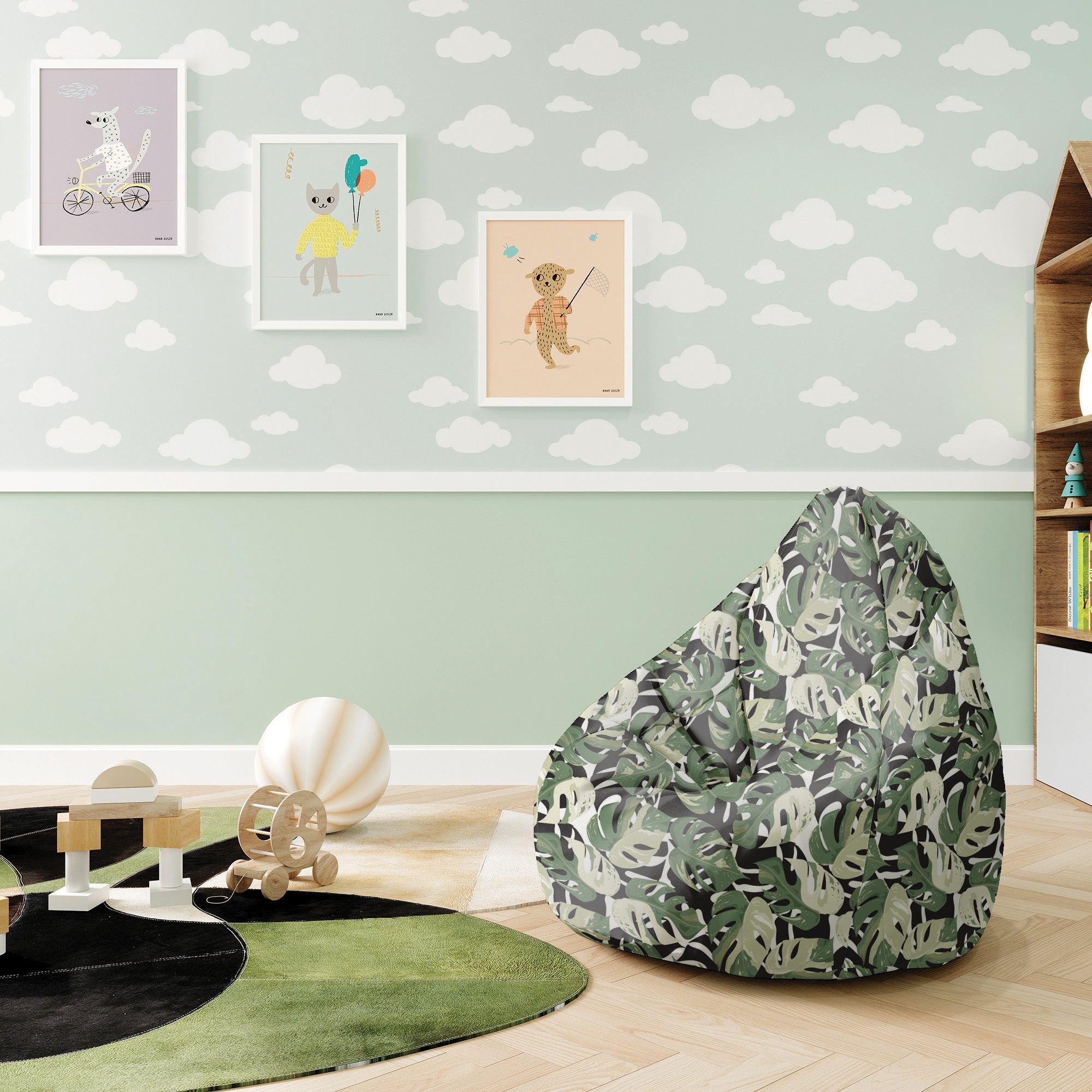 Pearshape Pouf Green-Black Monstera-S-Oxford