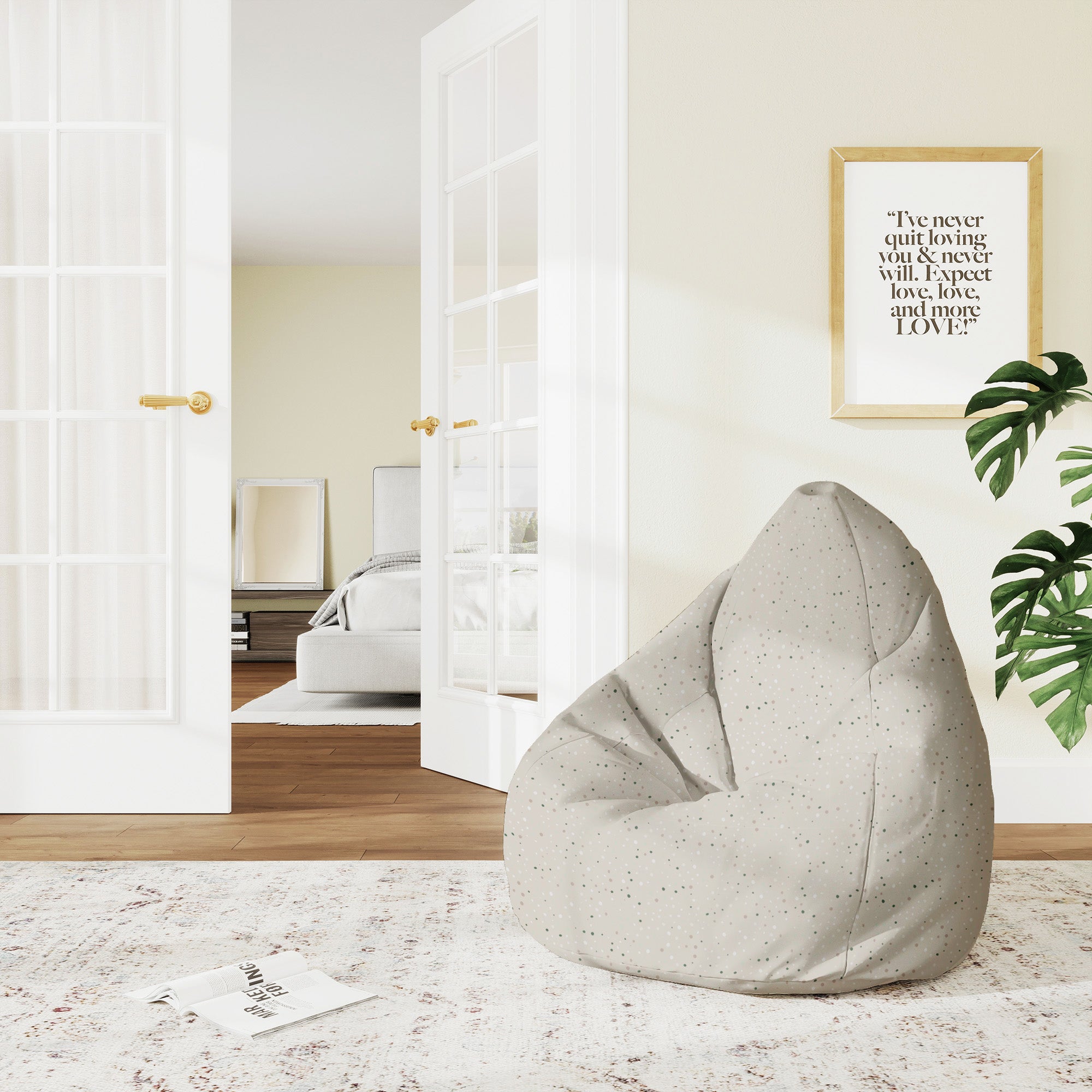 Puf Birnenform Beige Druck mit Punkten-M-Samt