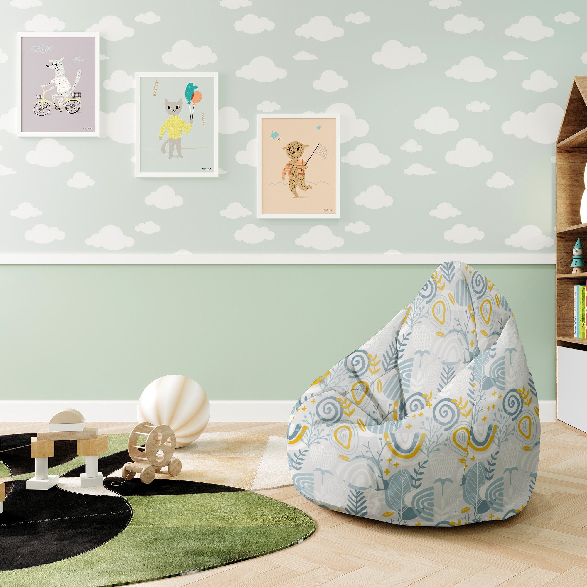 Puf Birnenform Grau Blumenmuster